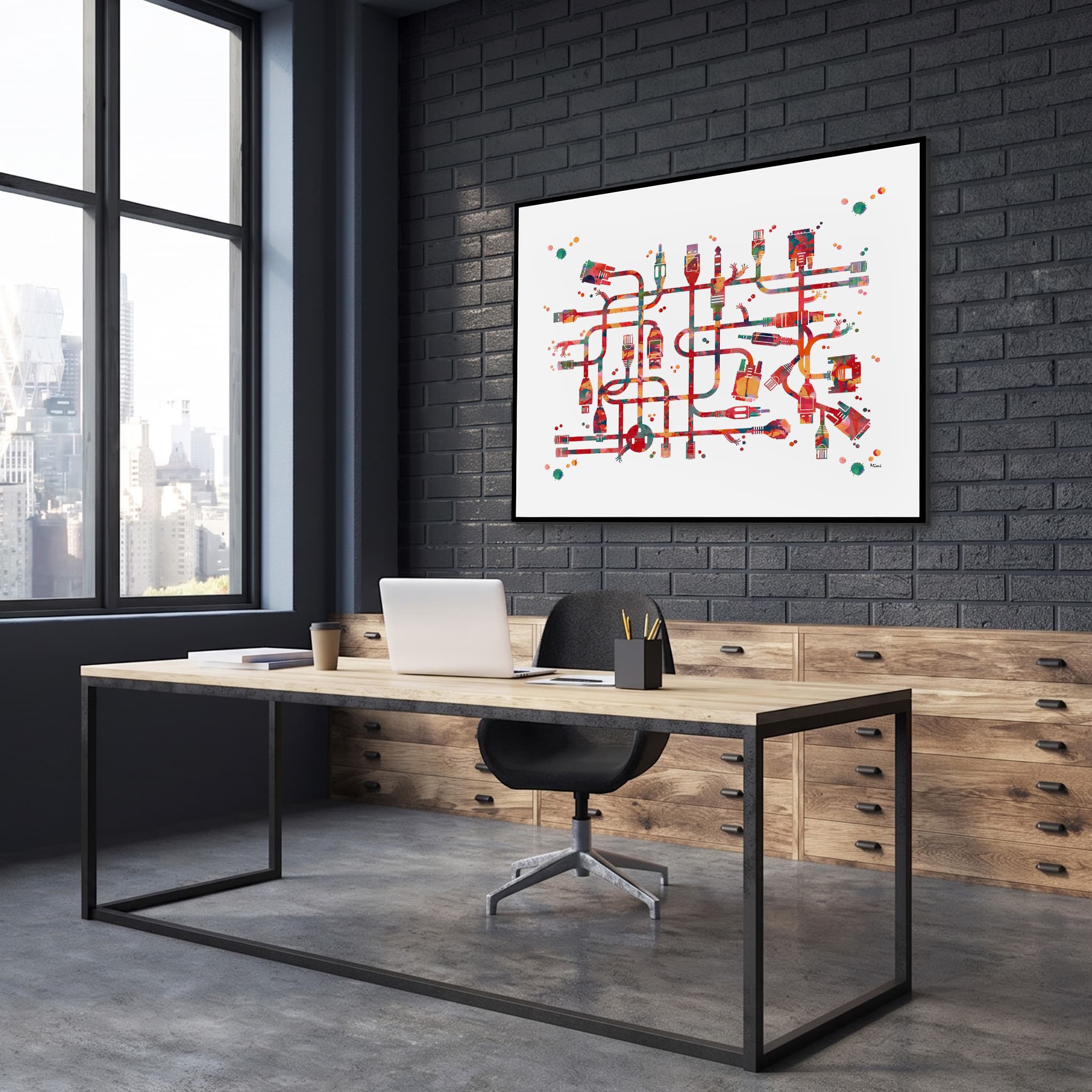 Framed computer network watercolor print in a technology office