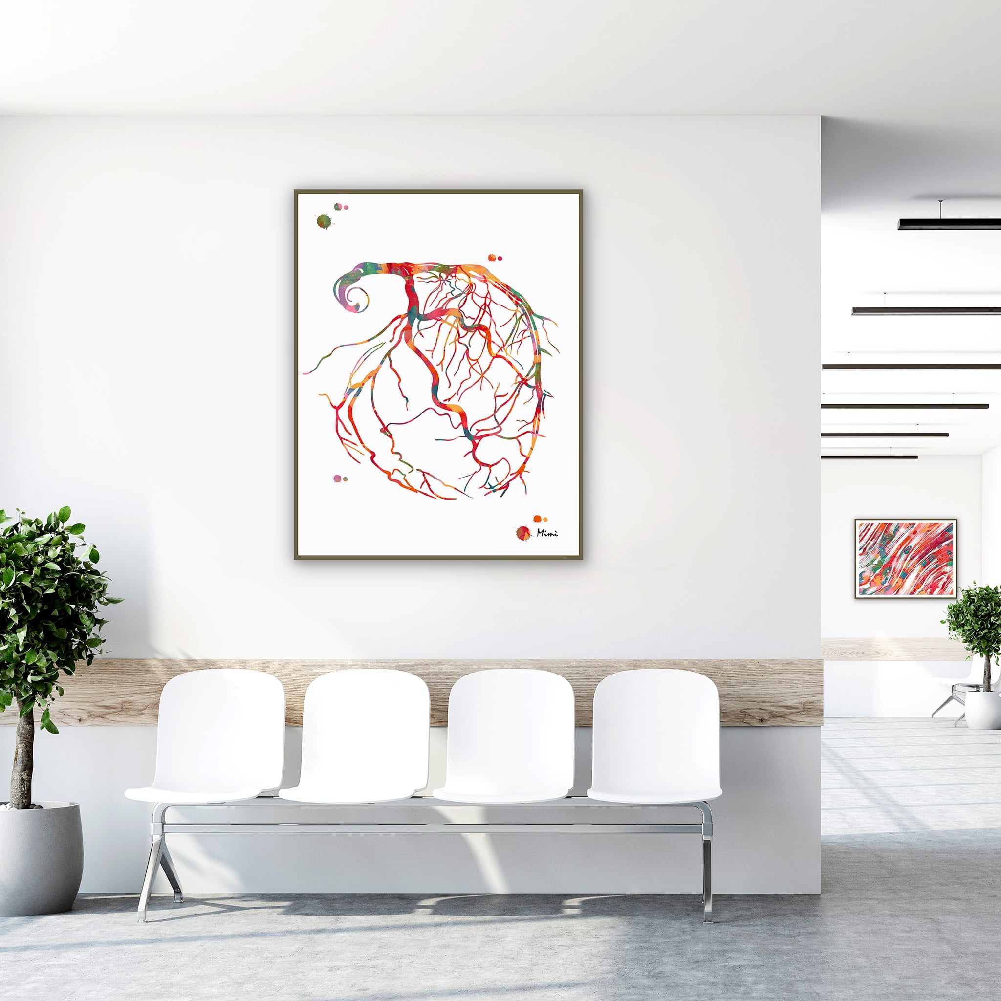 Framed coronary angiogram watercolor print in a clinic waiting room