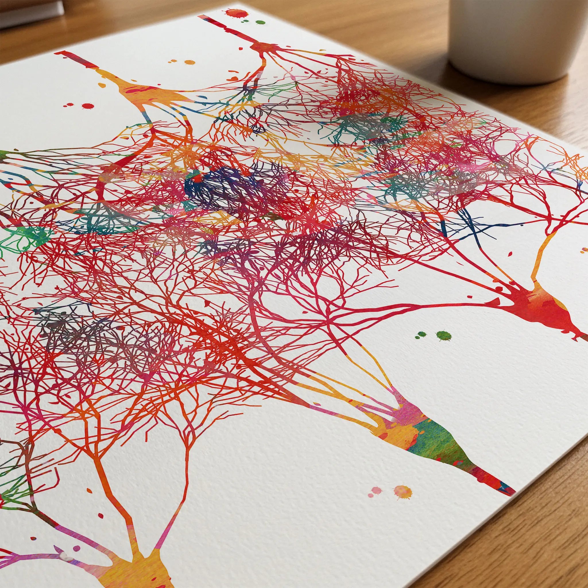 Close-up of cortical neurons neocortex watercolor print showing paper texture and grain