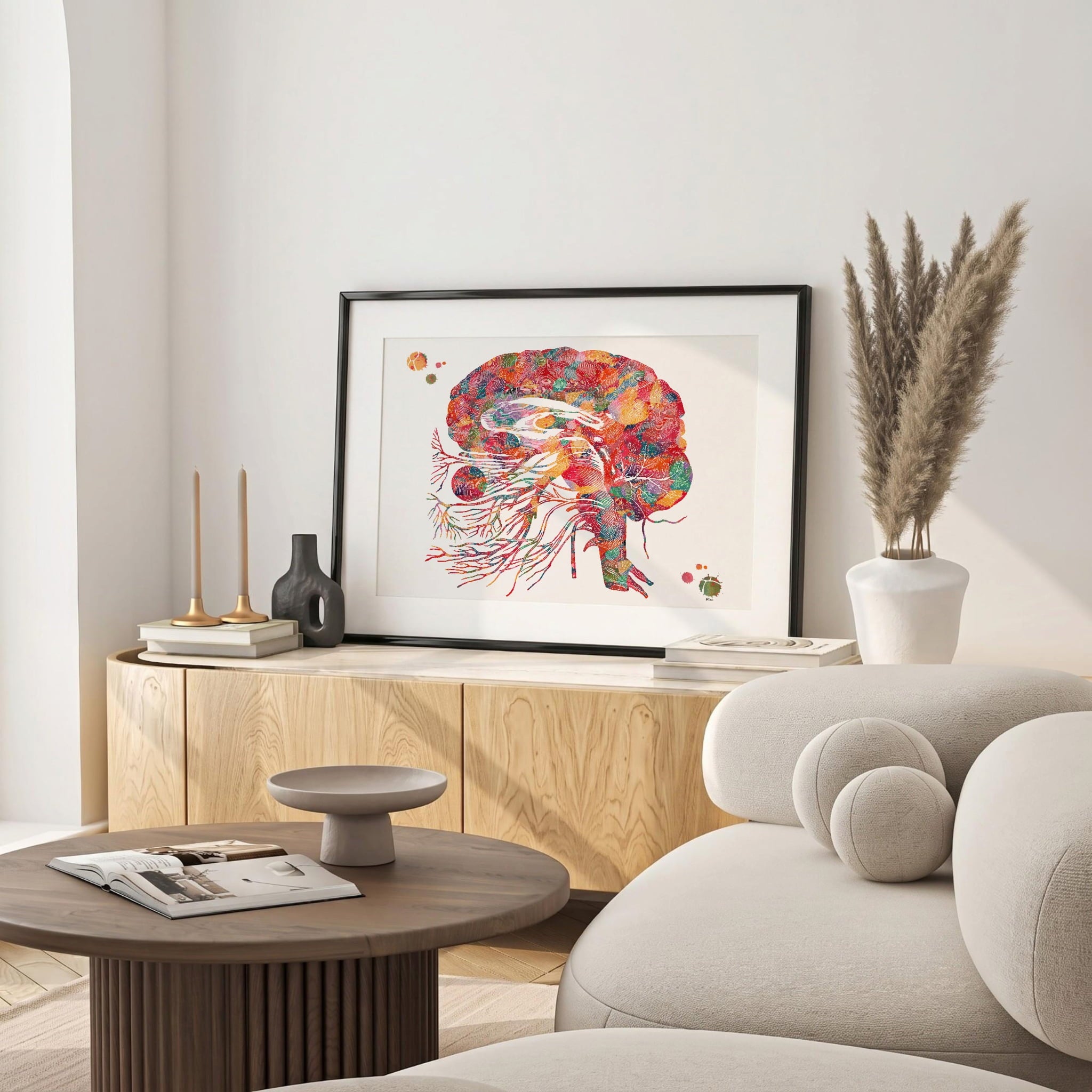 Framed cranial nerves & brainstem anatomy watercolor print in a living room