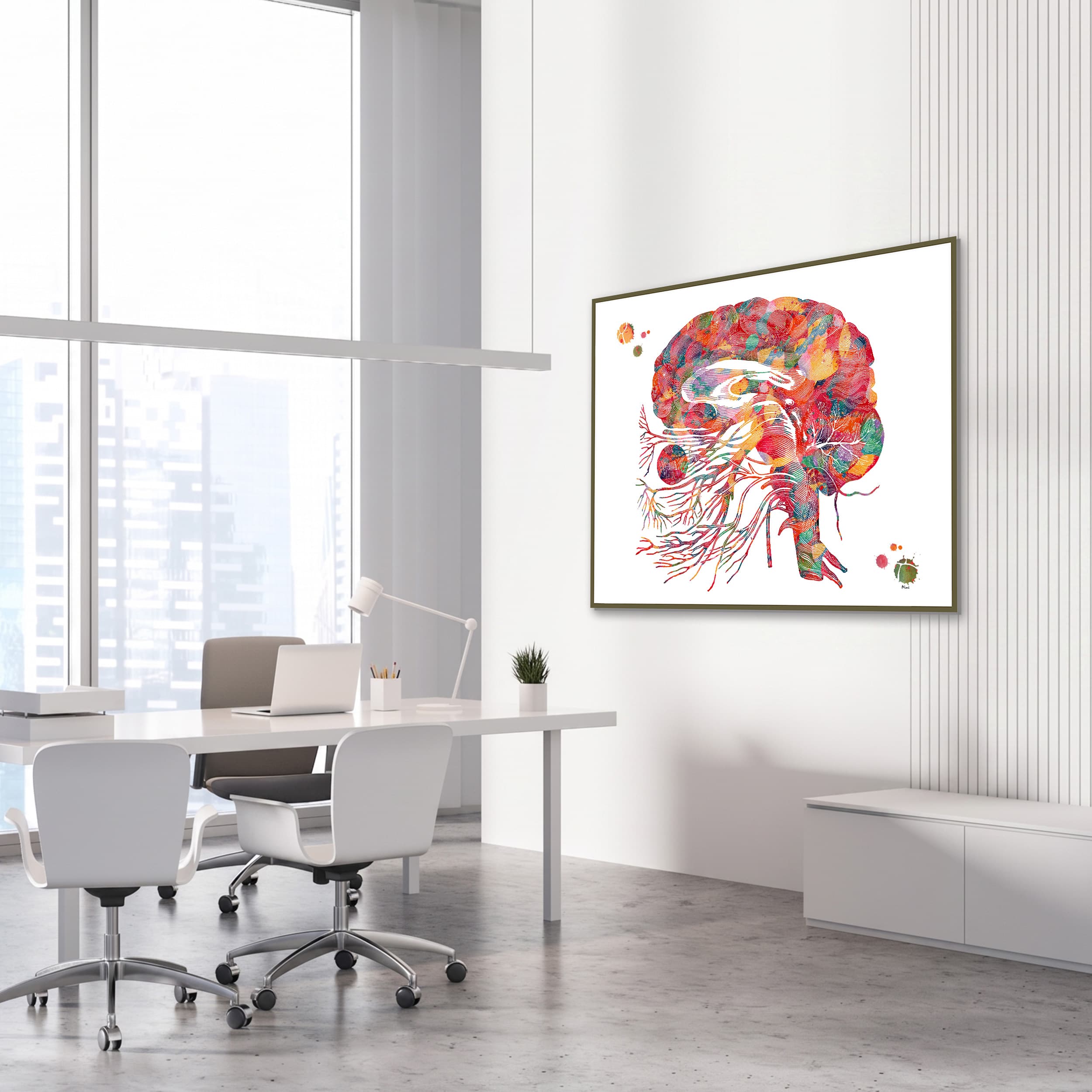 Framed cranial nerves & brainstem anatomy watercolor print in a neurology clinic