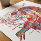 Close-up of cranial nerves & brainstem anatomy watercolor print showing paper texture and grain