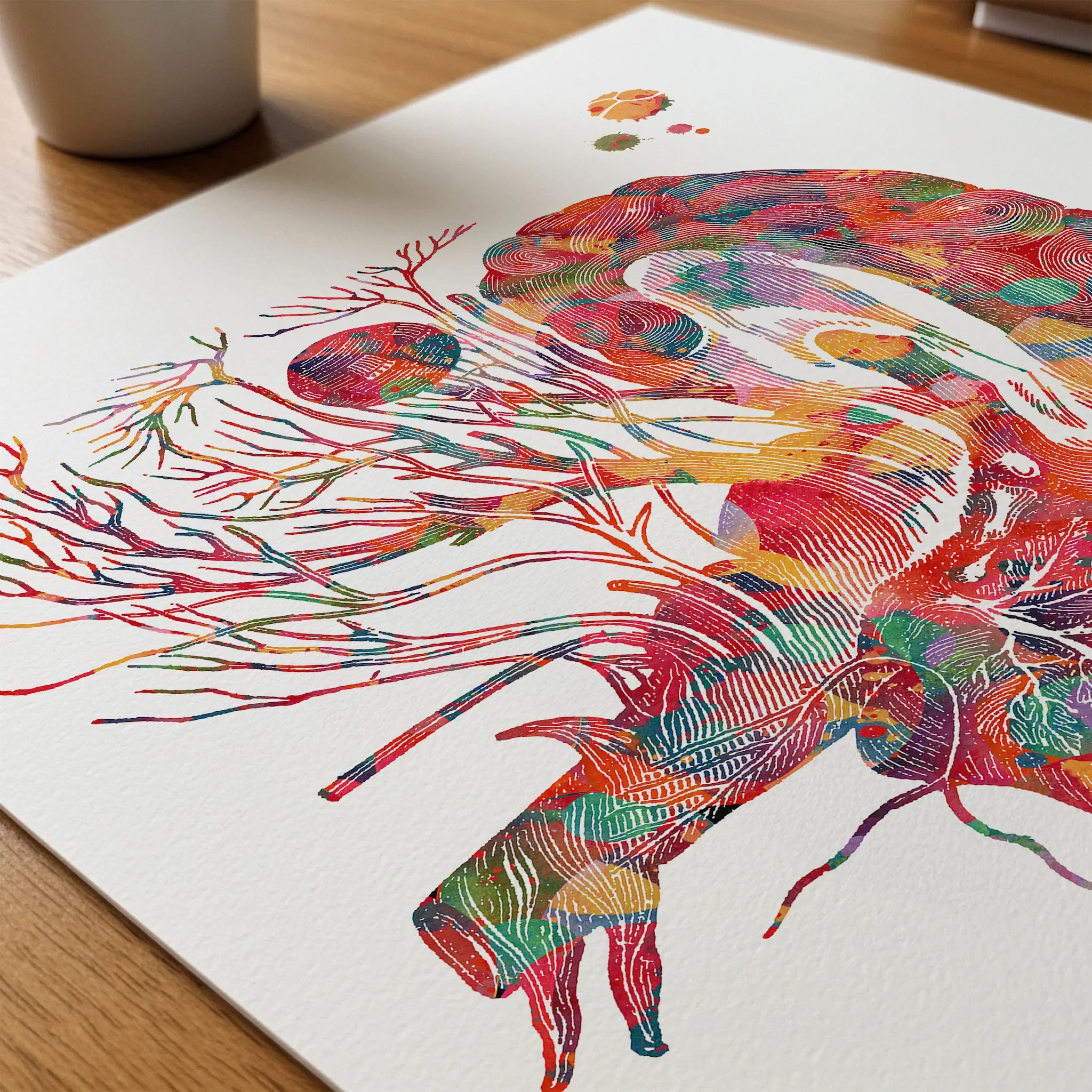 Close-up of cranial nerves & brainstem anatomy watercolor print showing paper texture and grain