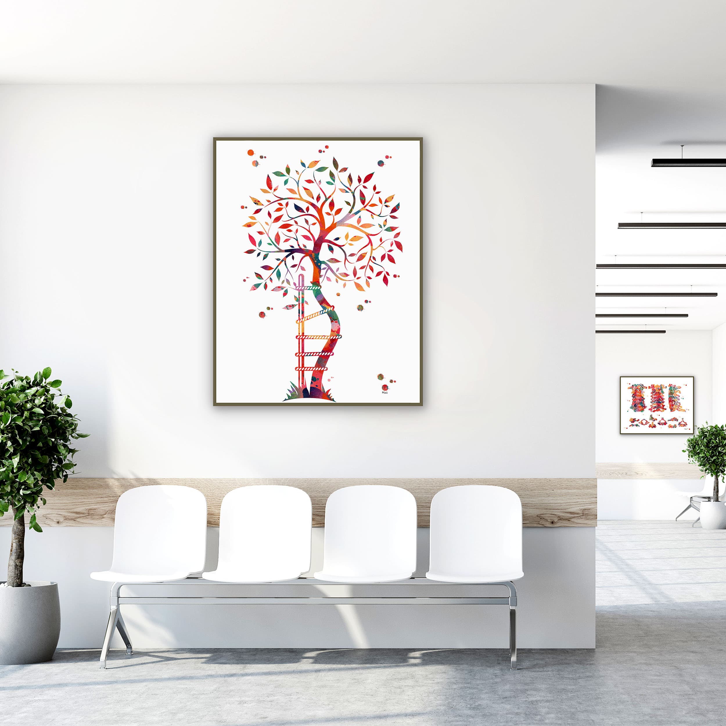 Framed crooked tree watercolor print in a clinic waiting room