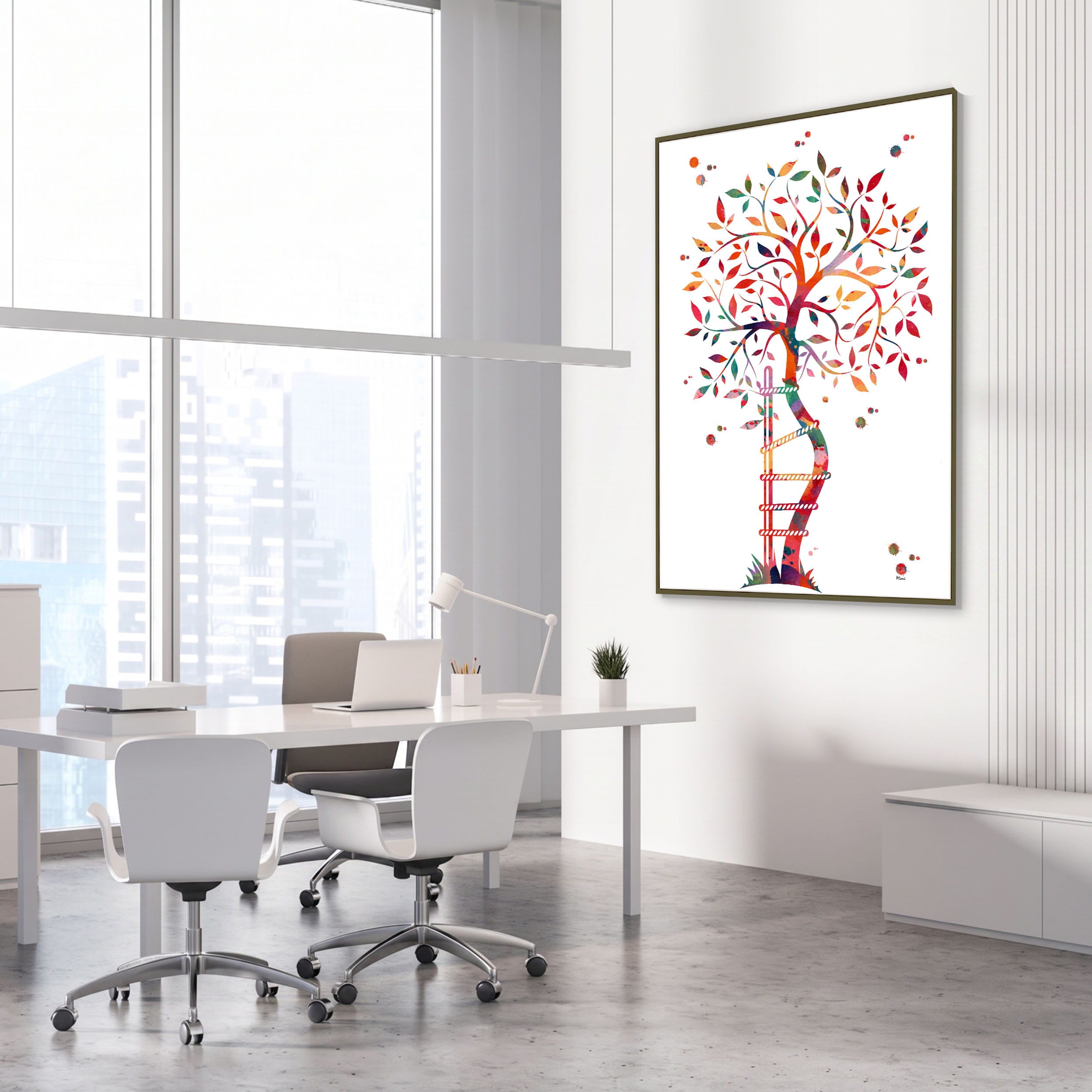 Framed crooked tree watercolor print in an orthopedic clinic