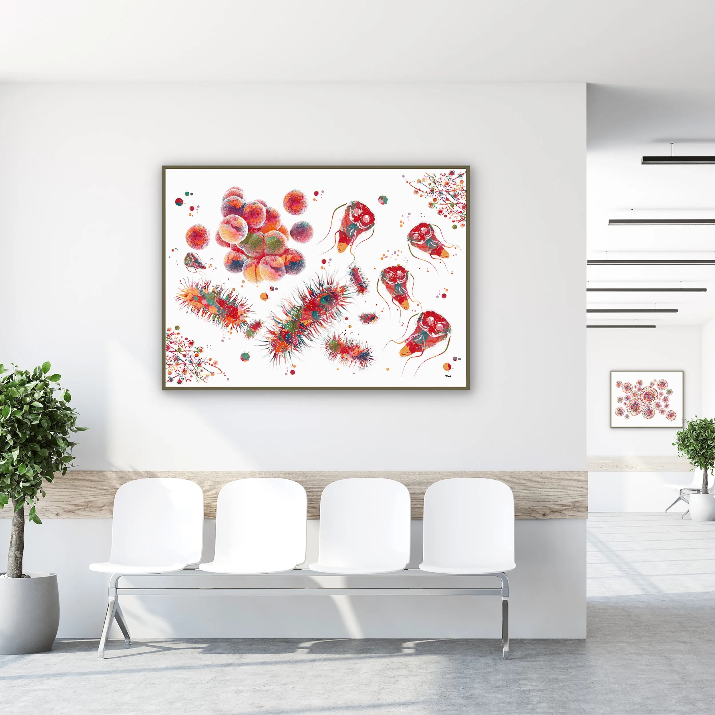 Framed cytology bacteria, fungi & parasites watercolor print in a clinic waiting room