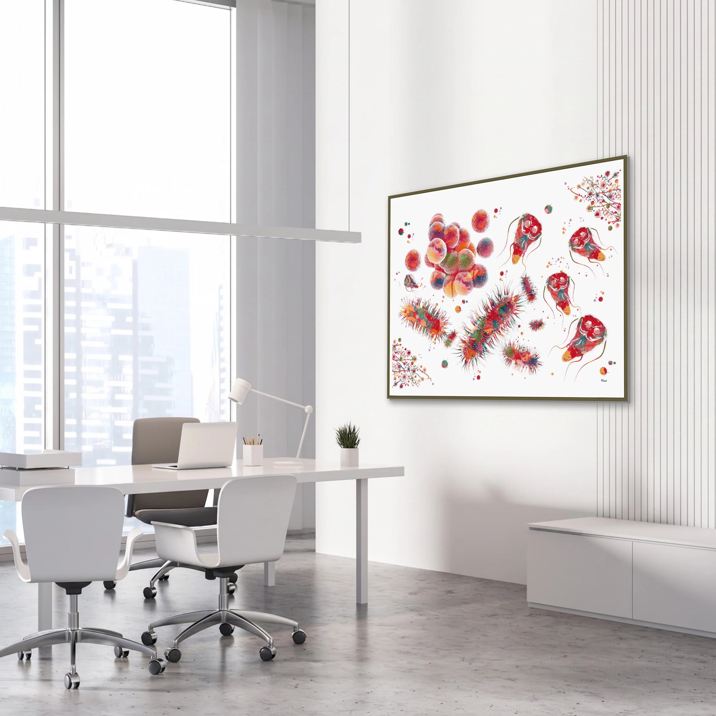 Framed cytology bacteria, fungi & parasites watercolor print in a science laboratory office