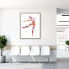 Framed dance anatomy, arabesque leap watercolor print in a clinic waiting room
