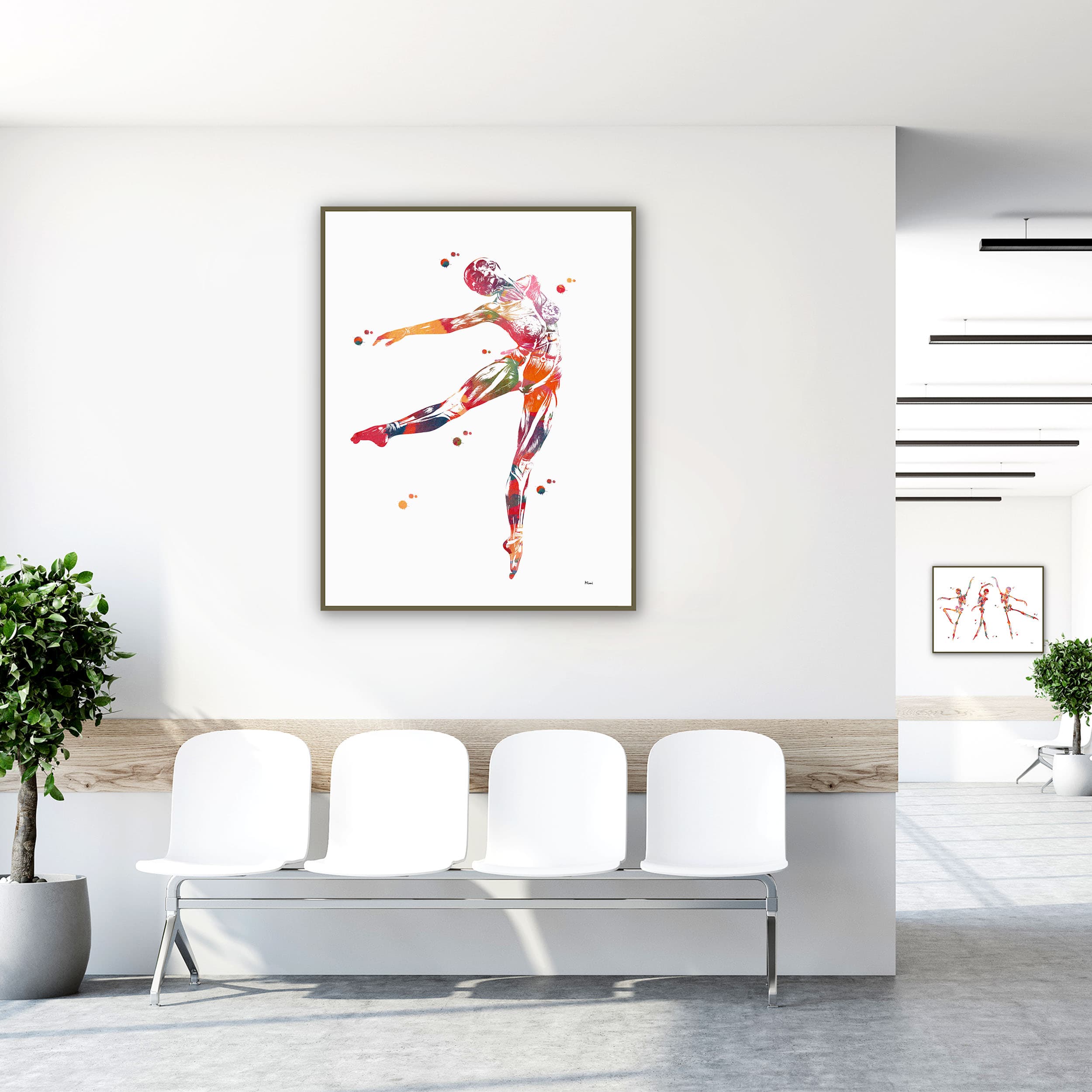 Framed dance anatomy, arabesque leap watercolor print in a clinic waiting room