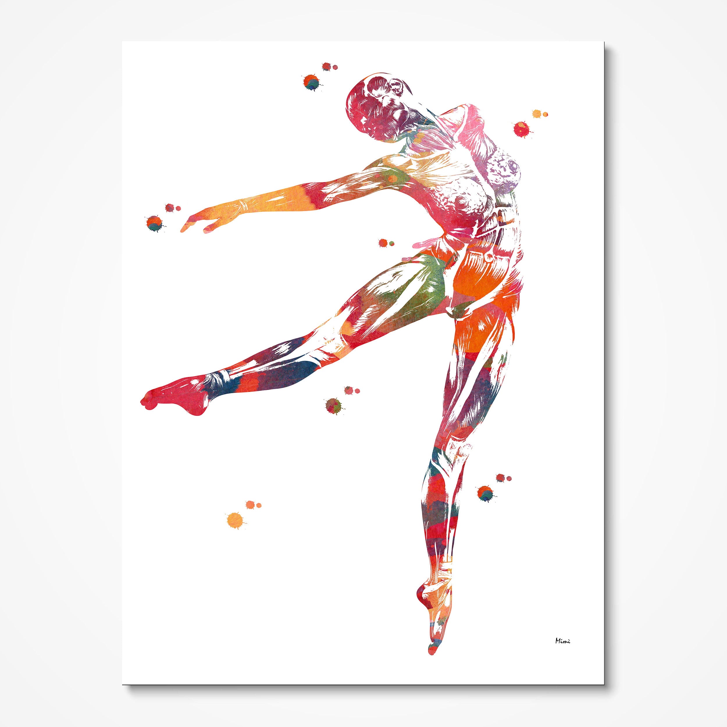 Dance anatomy, arabesque leap watercolor art print for dance studio wall decor