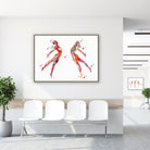 Framed dance anatomy, expressive reach watercolor print in a clinic waiting room