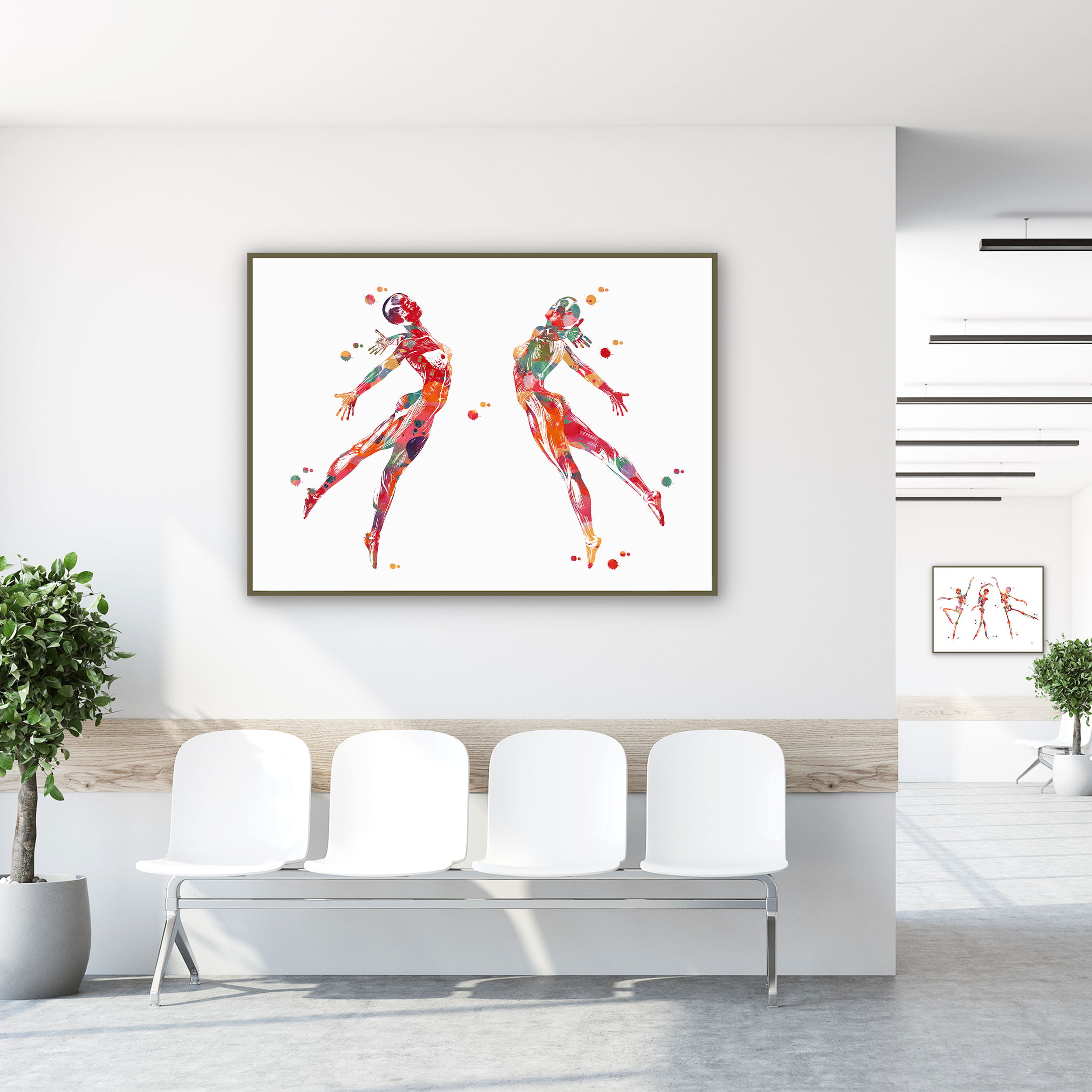 Framed dance anatomy, expressive reach watercolor print in a clinic waiting room