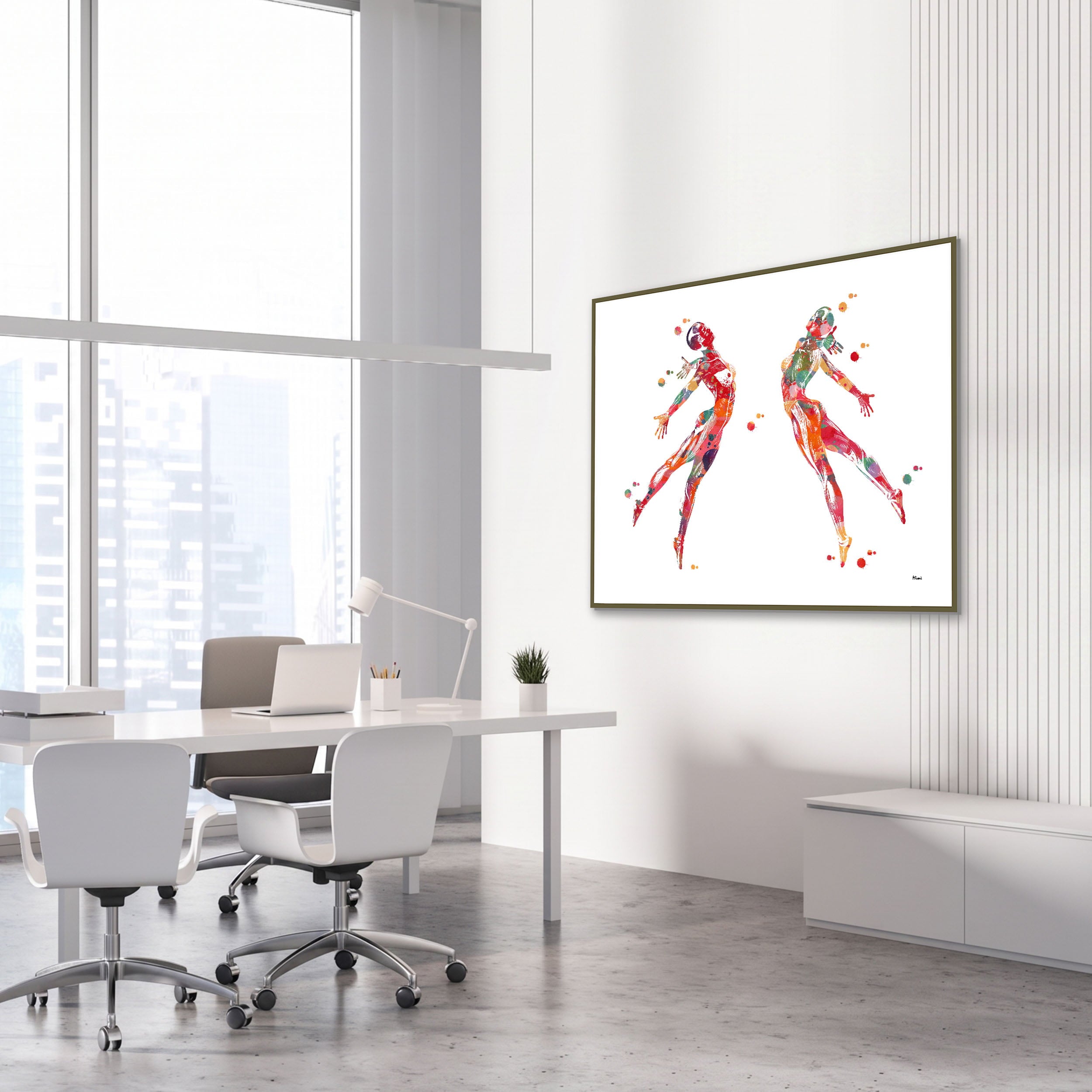 Framed dance anatomy, expressive reach watercolor print in an orthopedic clinic