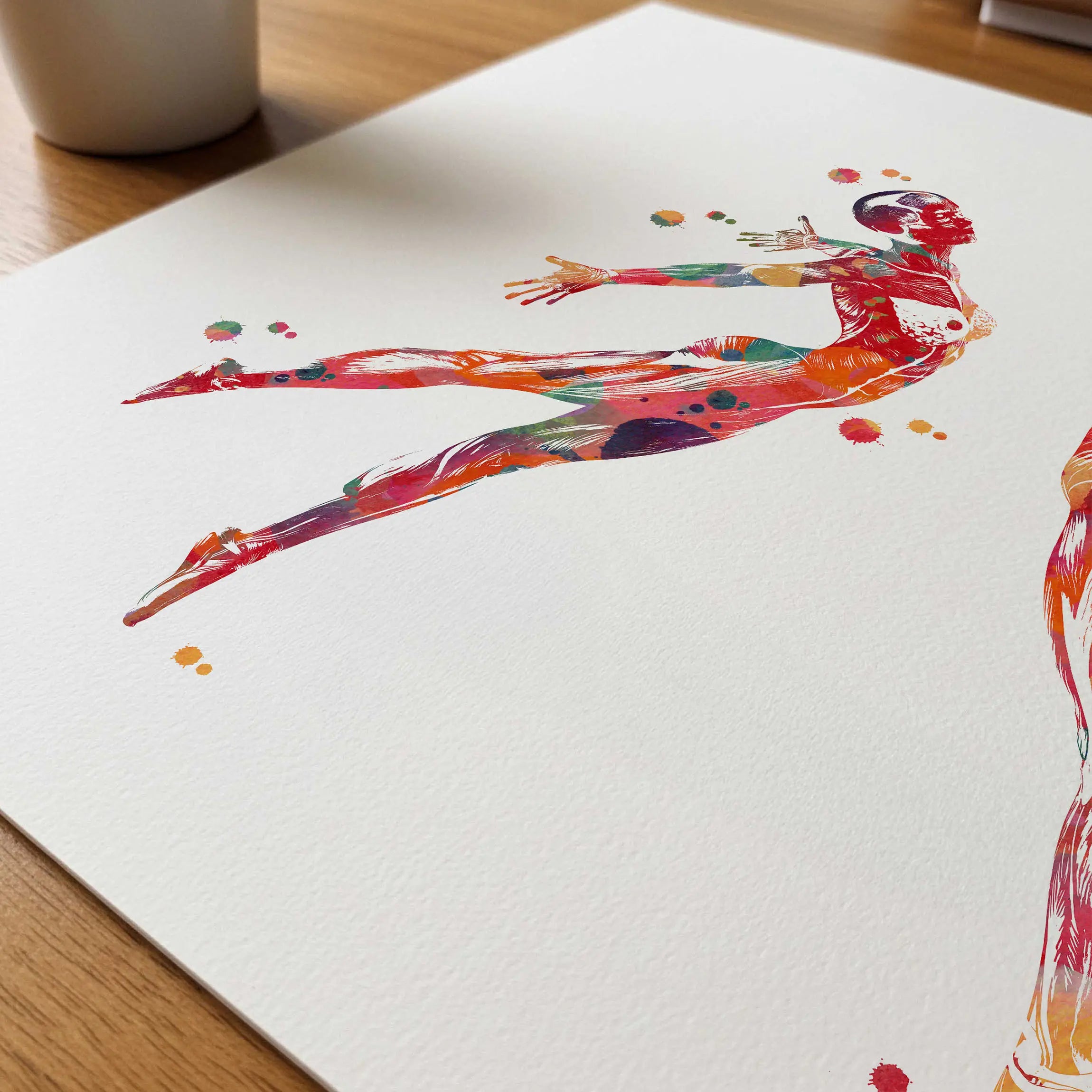 Close-up of dance anatomy, expressive reach watercolor print showing paper texture and grain