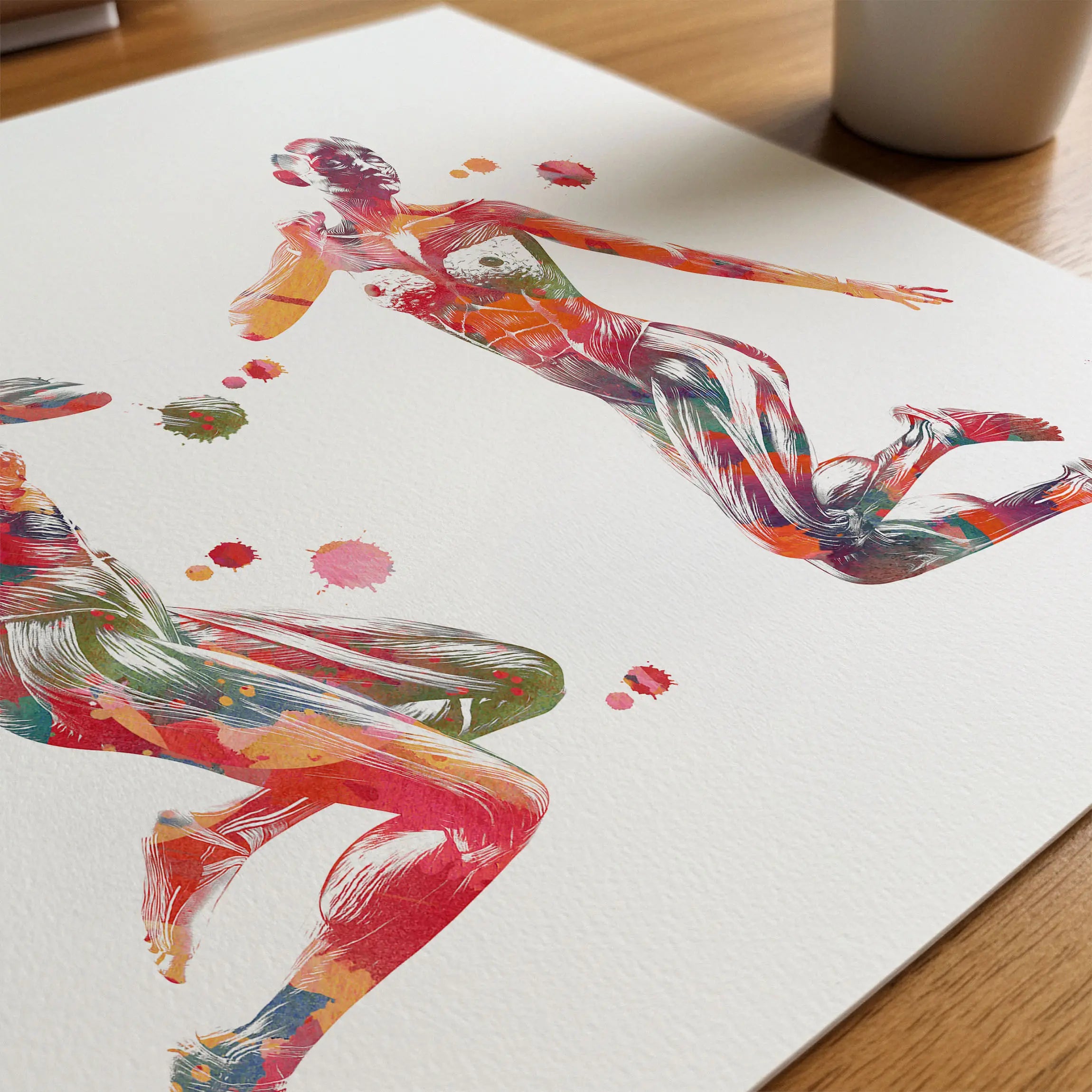 Close-up of dance anatomy, kneeling leap watercolor print showing paper texture and grain
