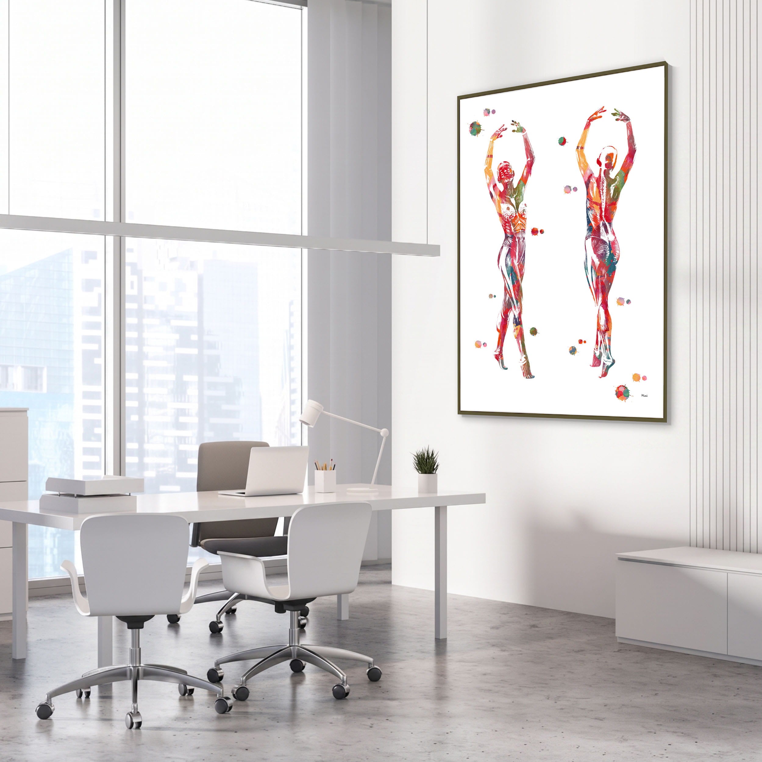 Framed dance anatomy, port de bras watercolor print in an orthopedic clinic