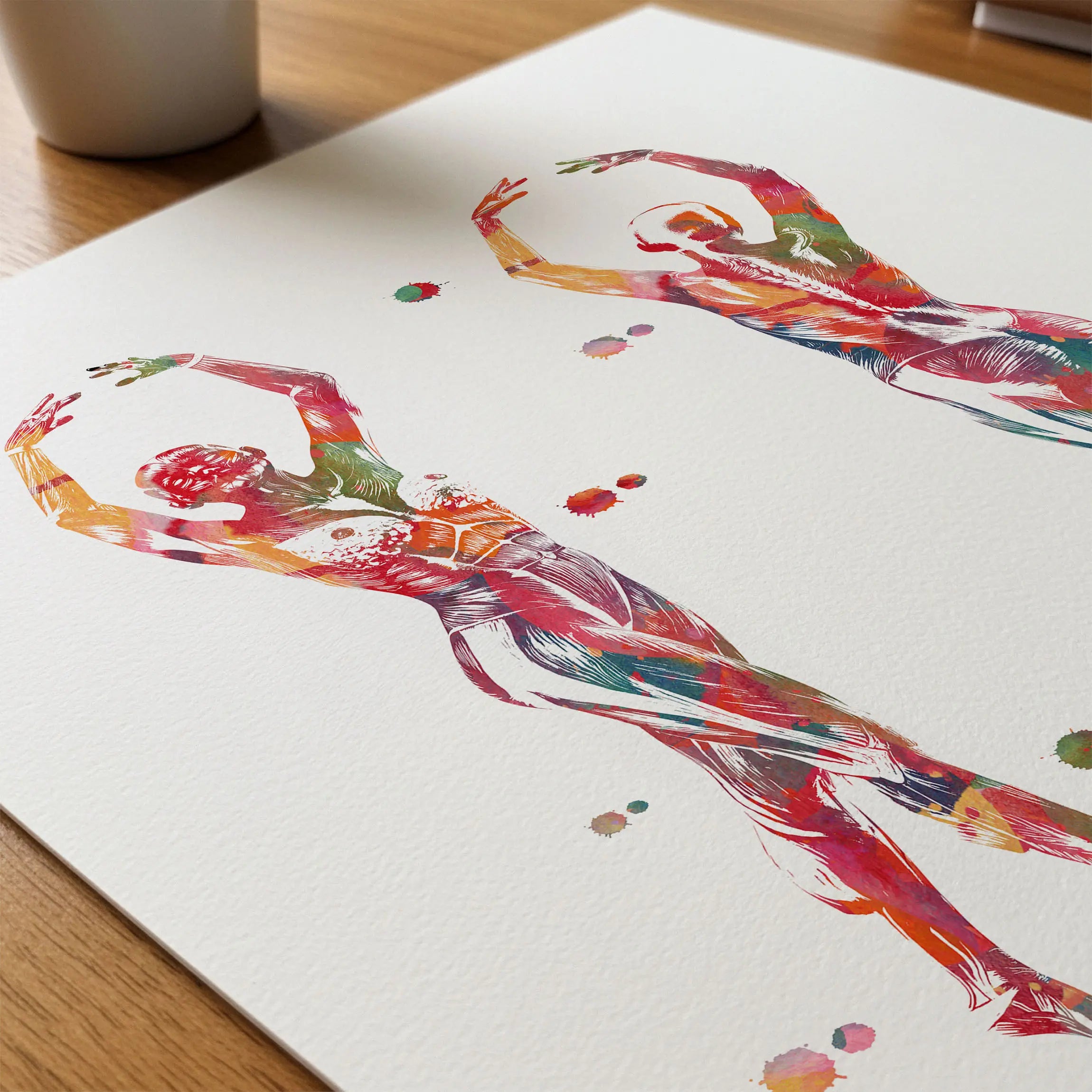 Close-up of dance anatomy, port de bras watercolor print showing paper texture and grain