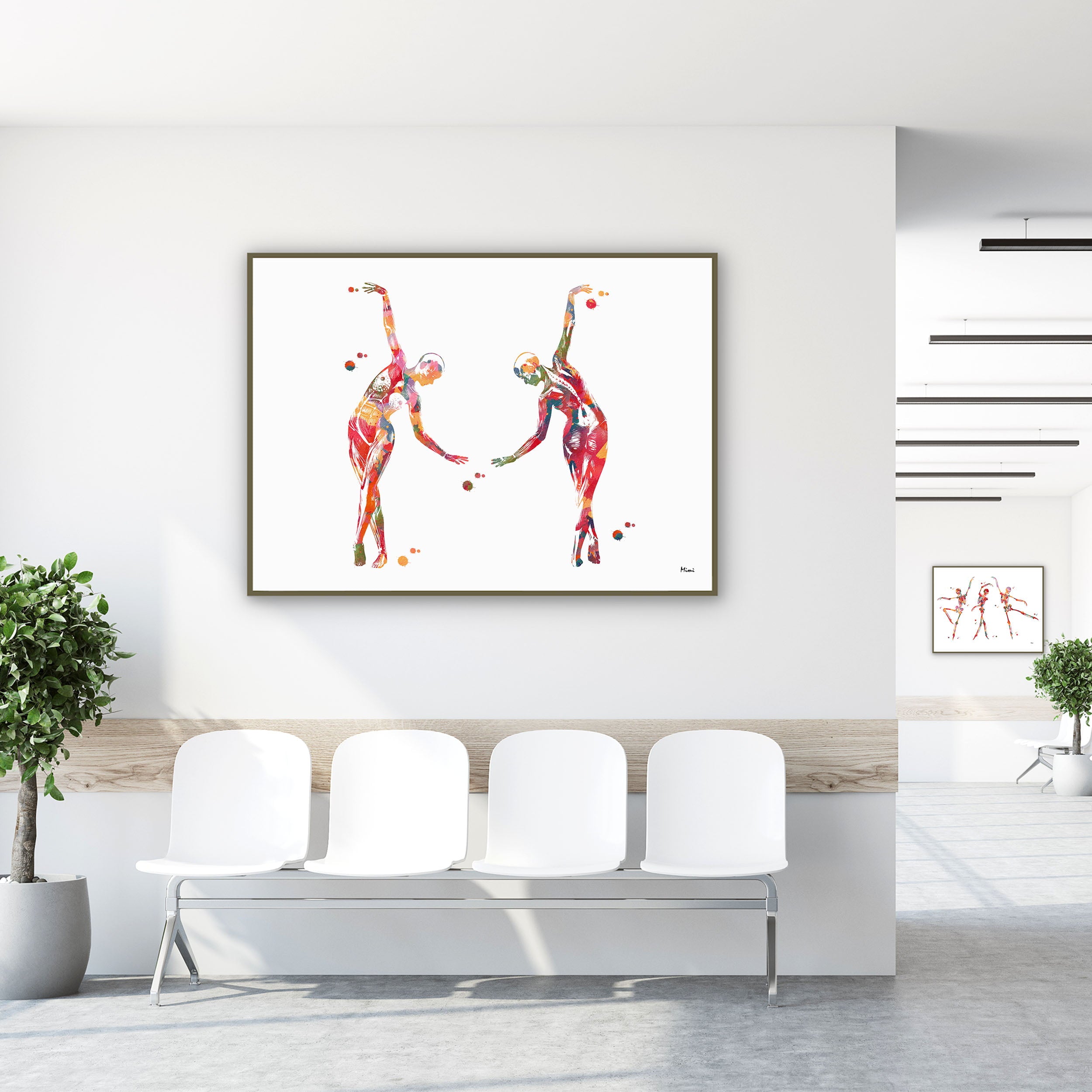 Framed dance anatomy, side bend watercolor print in a clinic waiting room