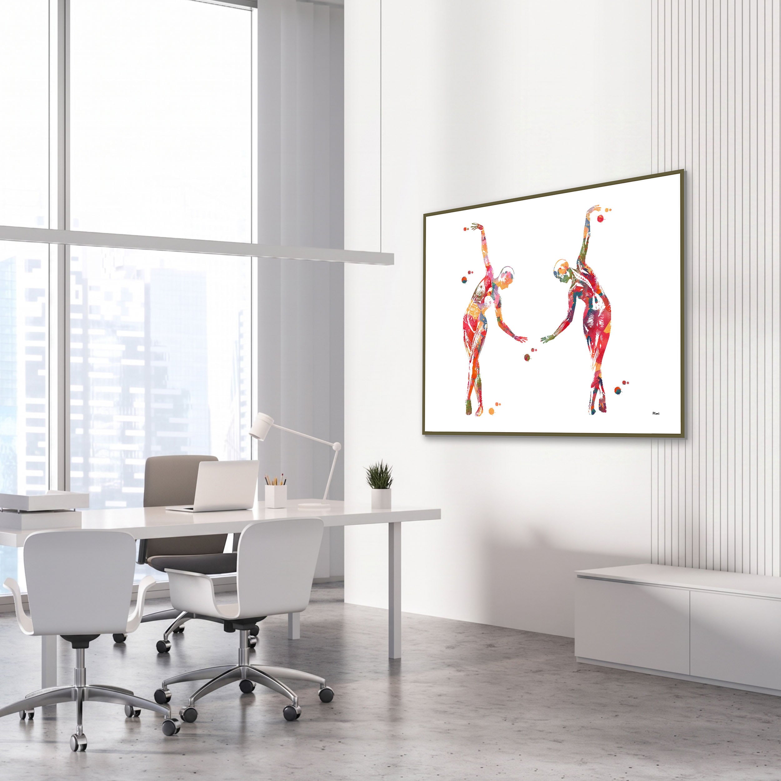 Framed dance anatomy, side bend watercolor print in an orthopedic clinic