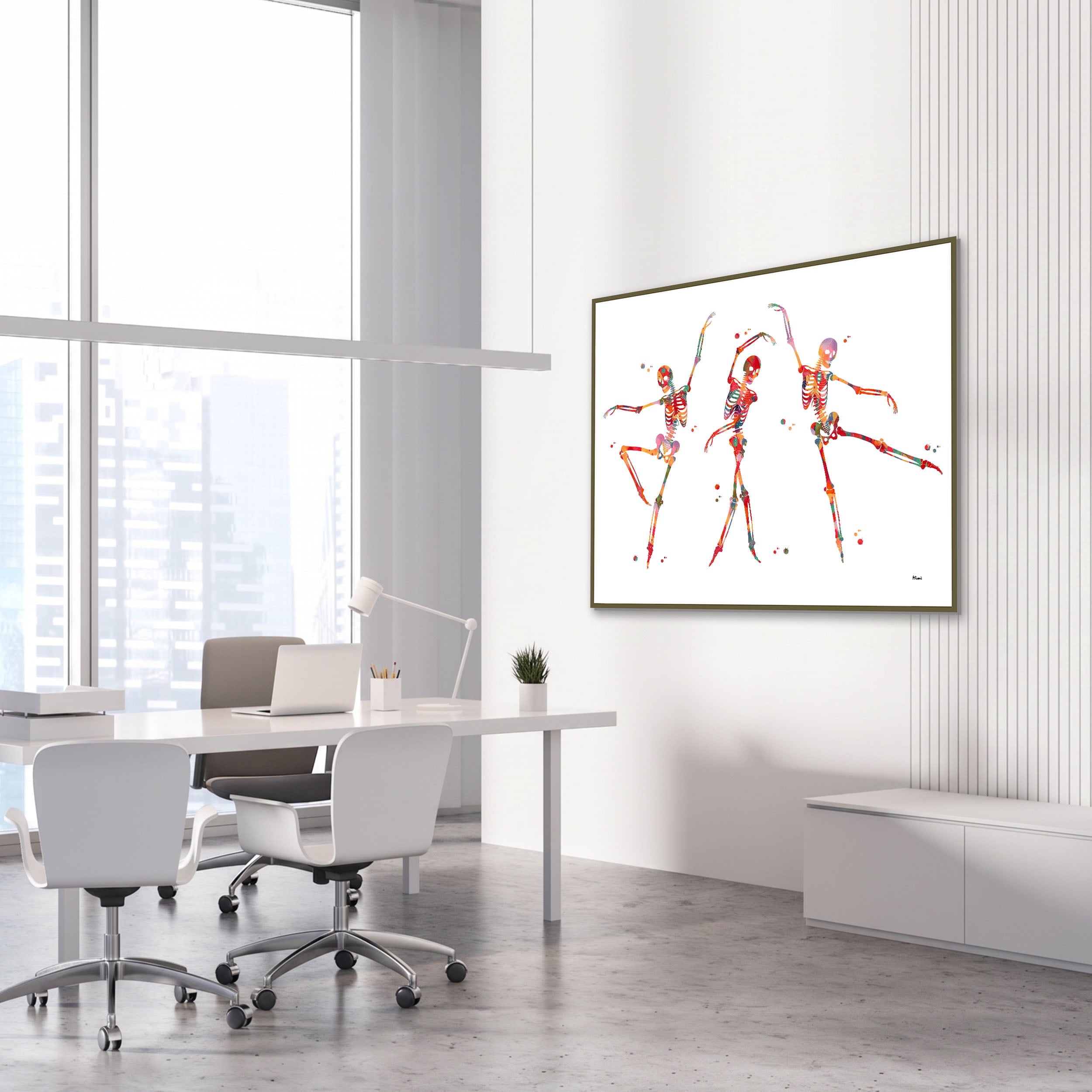 Framed dancing phases watercolor print in an orthopedic clinic