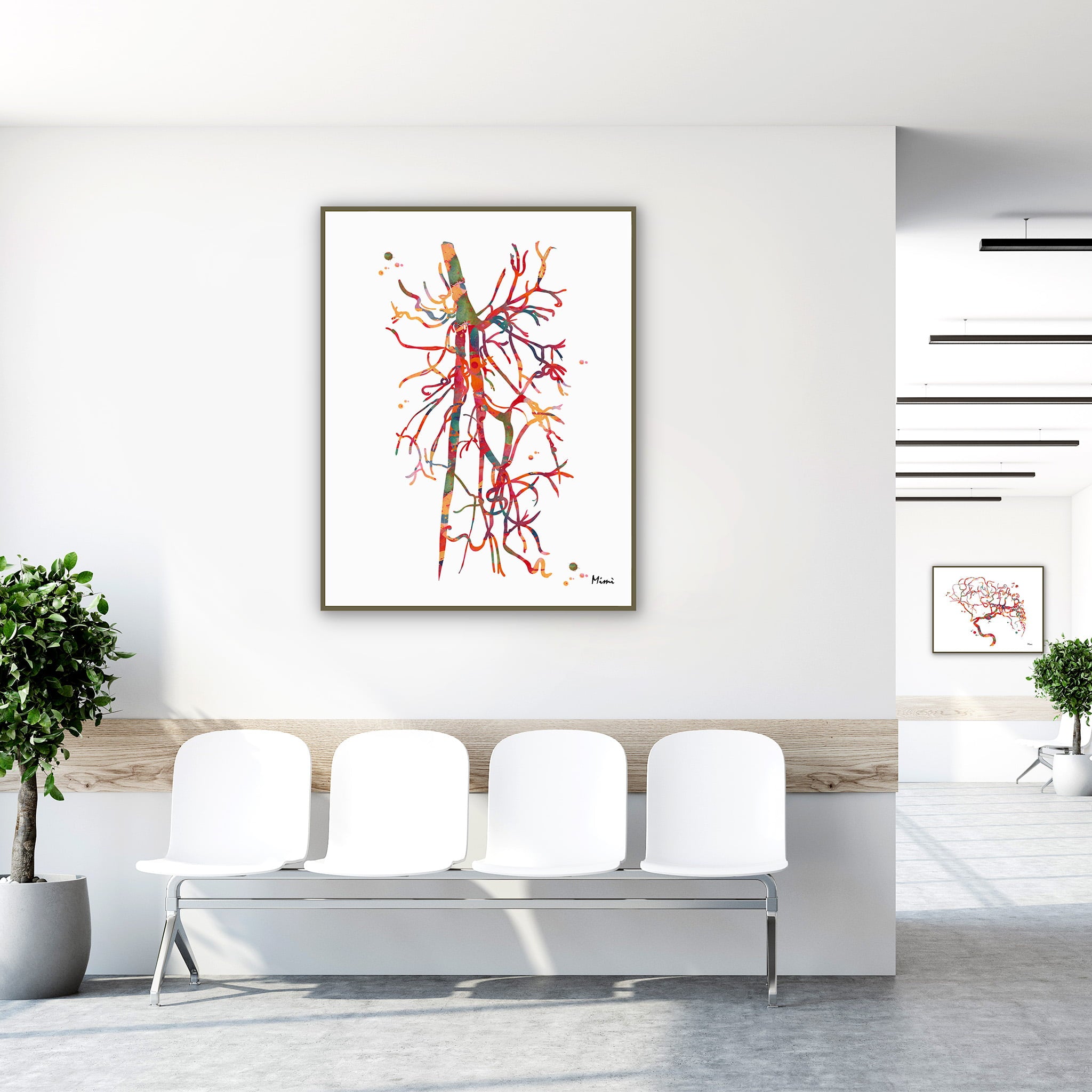 Framed deep femoral artery (profunda femoris) watercolor print in a clinic waiting room