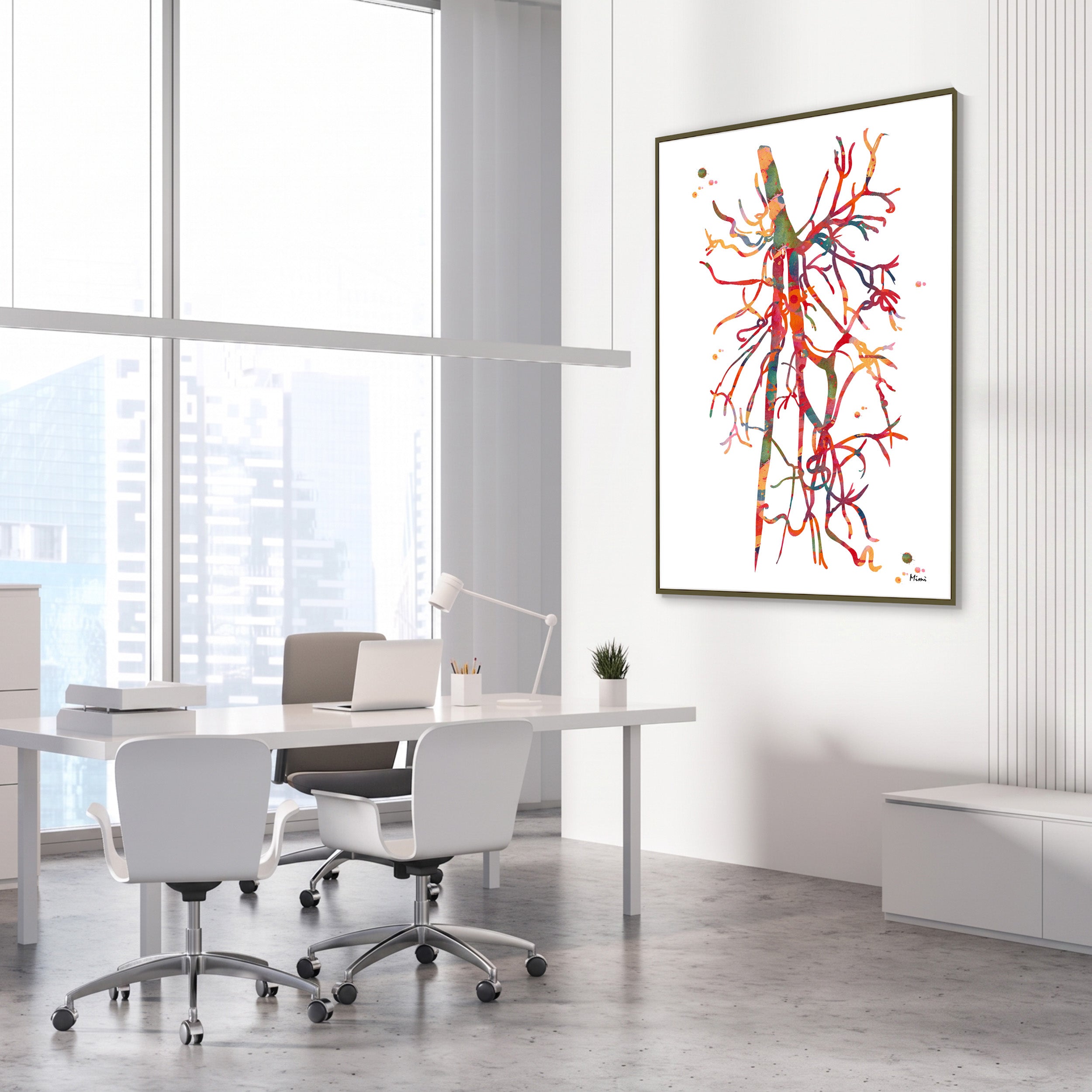 Framed deep femoral artery (profunda femoris) watercolor print in a vascular clinic