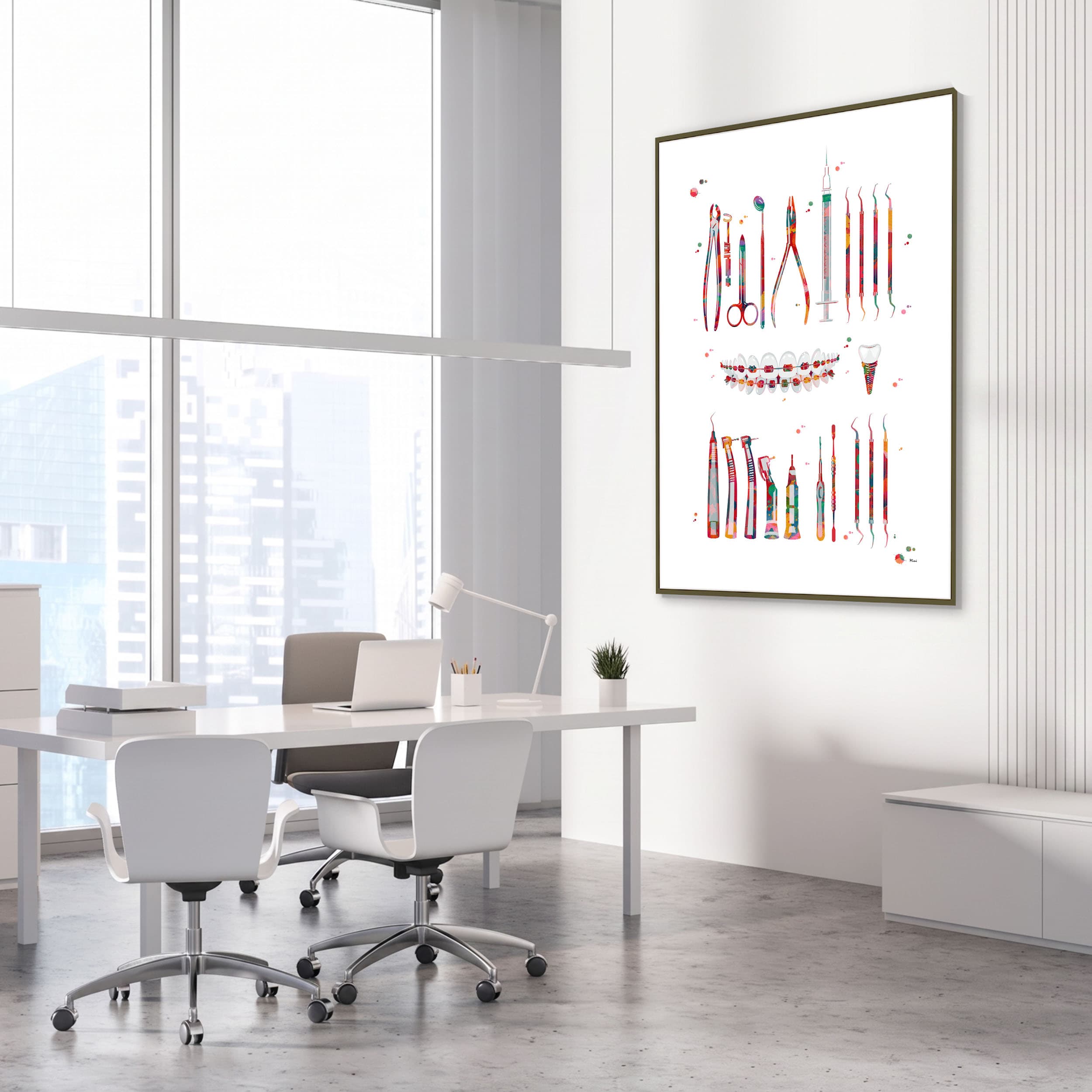 Framed dental instruments watercolor print in a dental clinic