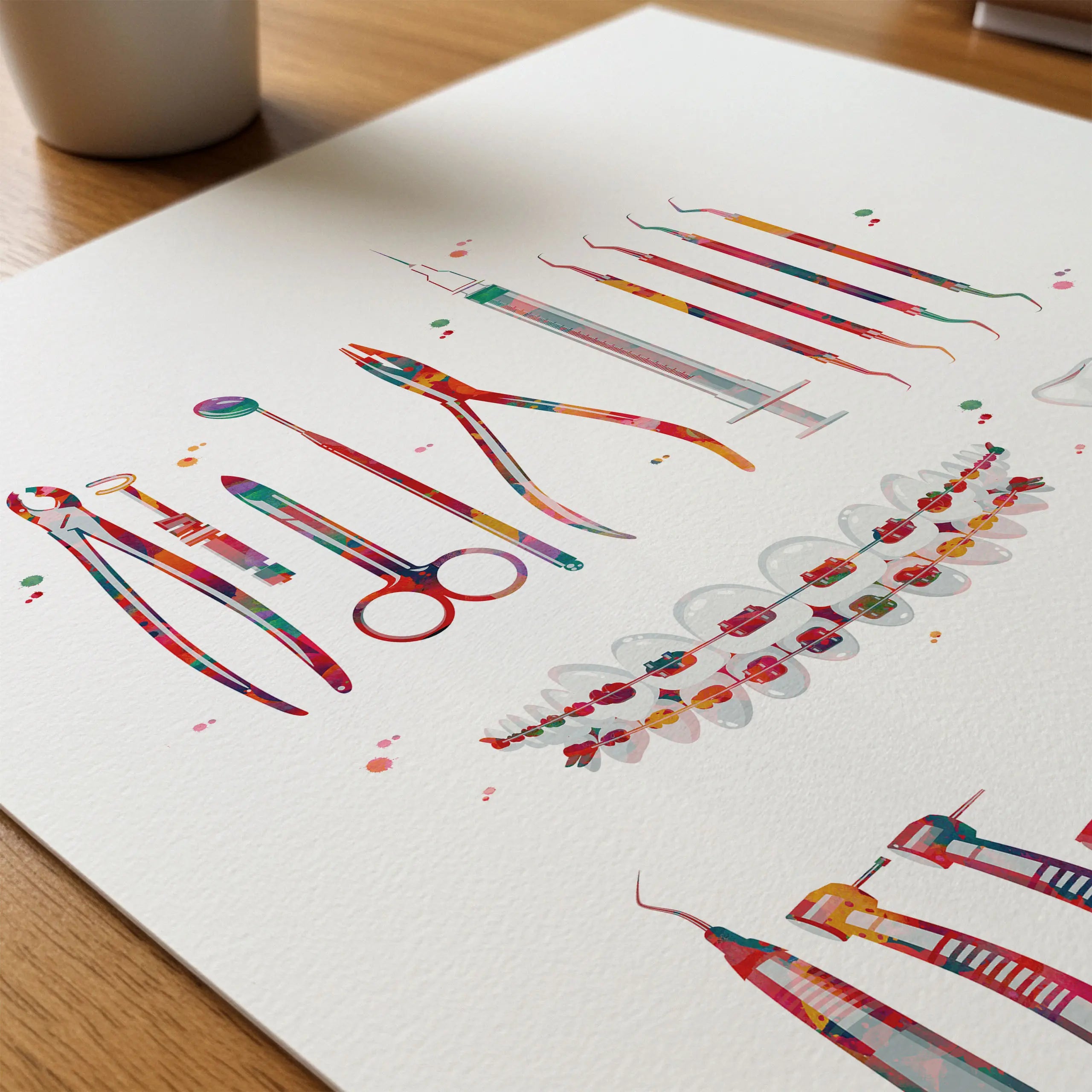Close-up of dental instruments watercolor print showing paper texture and grain