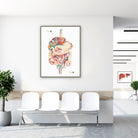 Framed digestive tract watercolor print in a clinic waiting room