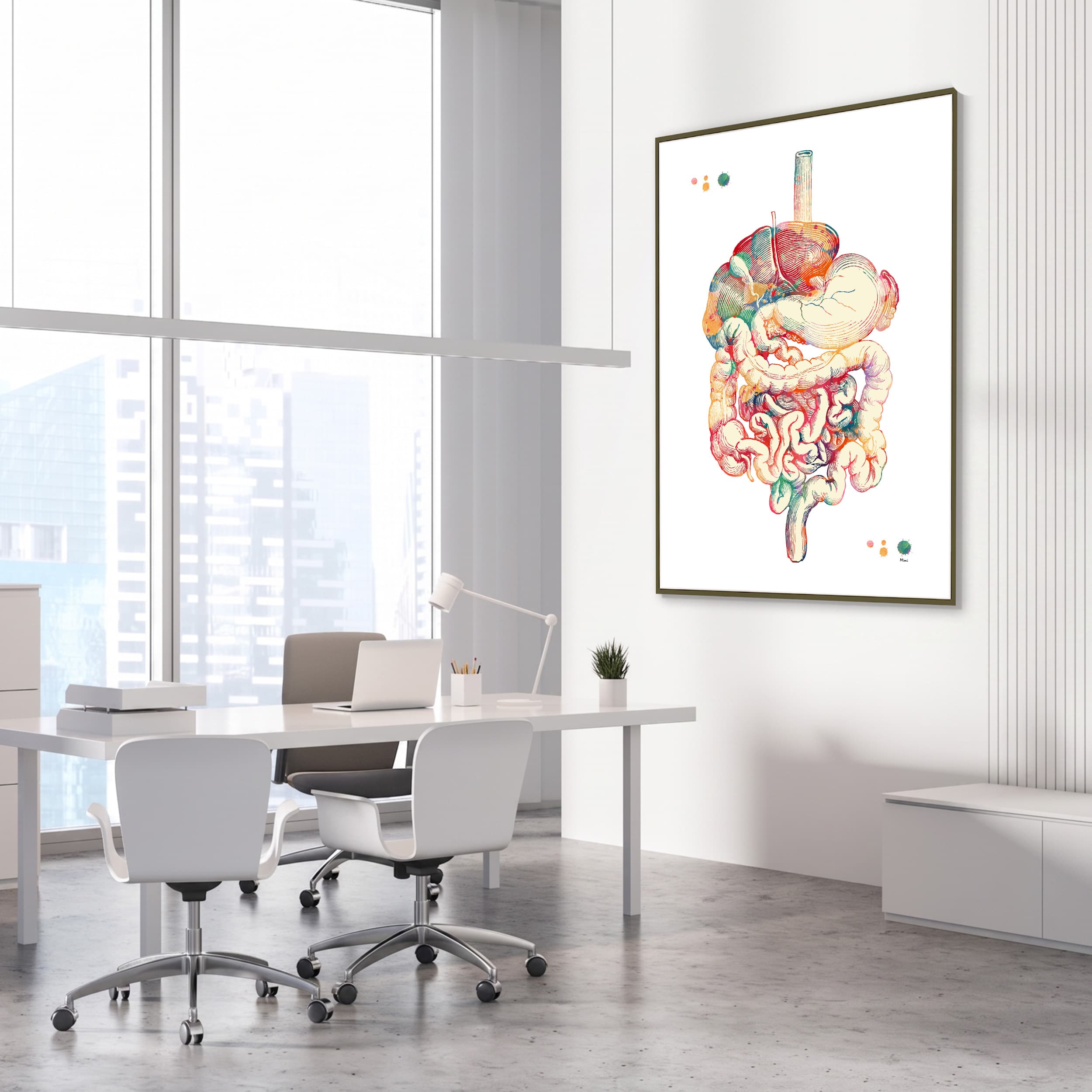 Framed digestive tract watercolor print in a gastroenterology clinic