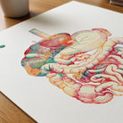 Close-up of digestive tract watercolor print showing paper texture and grain