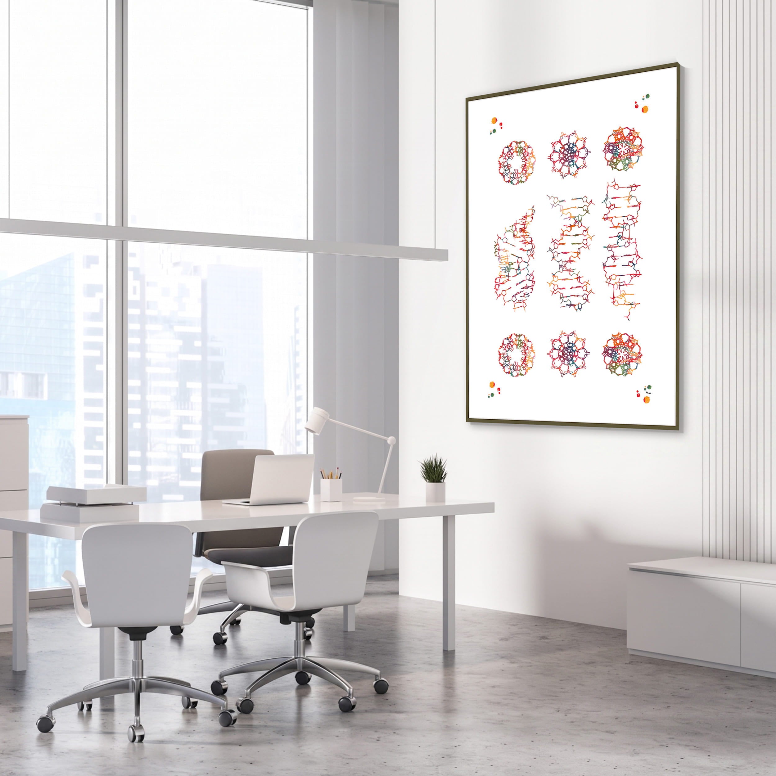 Framed dna a, b & z forms genetics watercolor print in a genetics laboratory