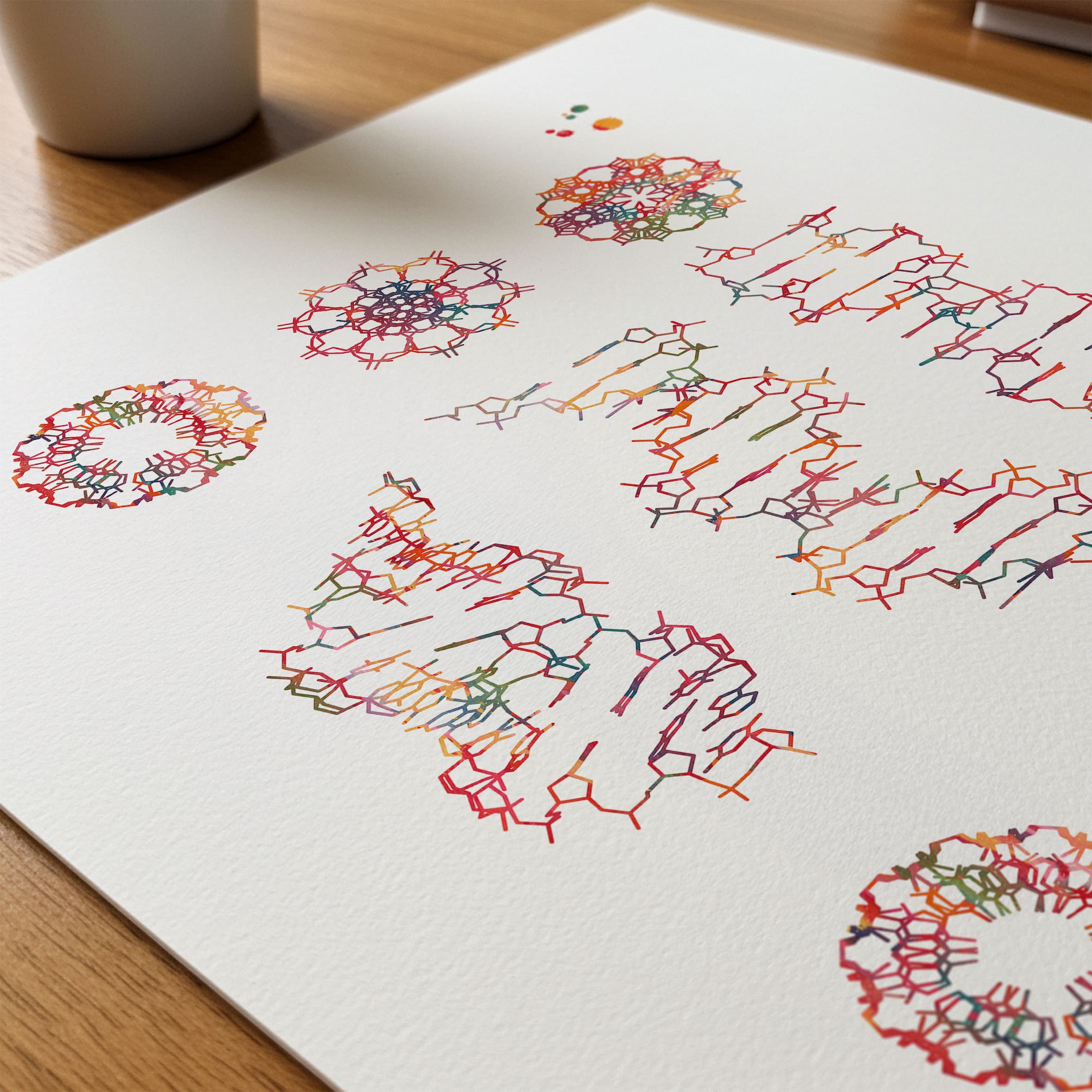 Close-up of dna a, b & z forms genetics watercolor print showing paper texture and grain