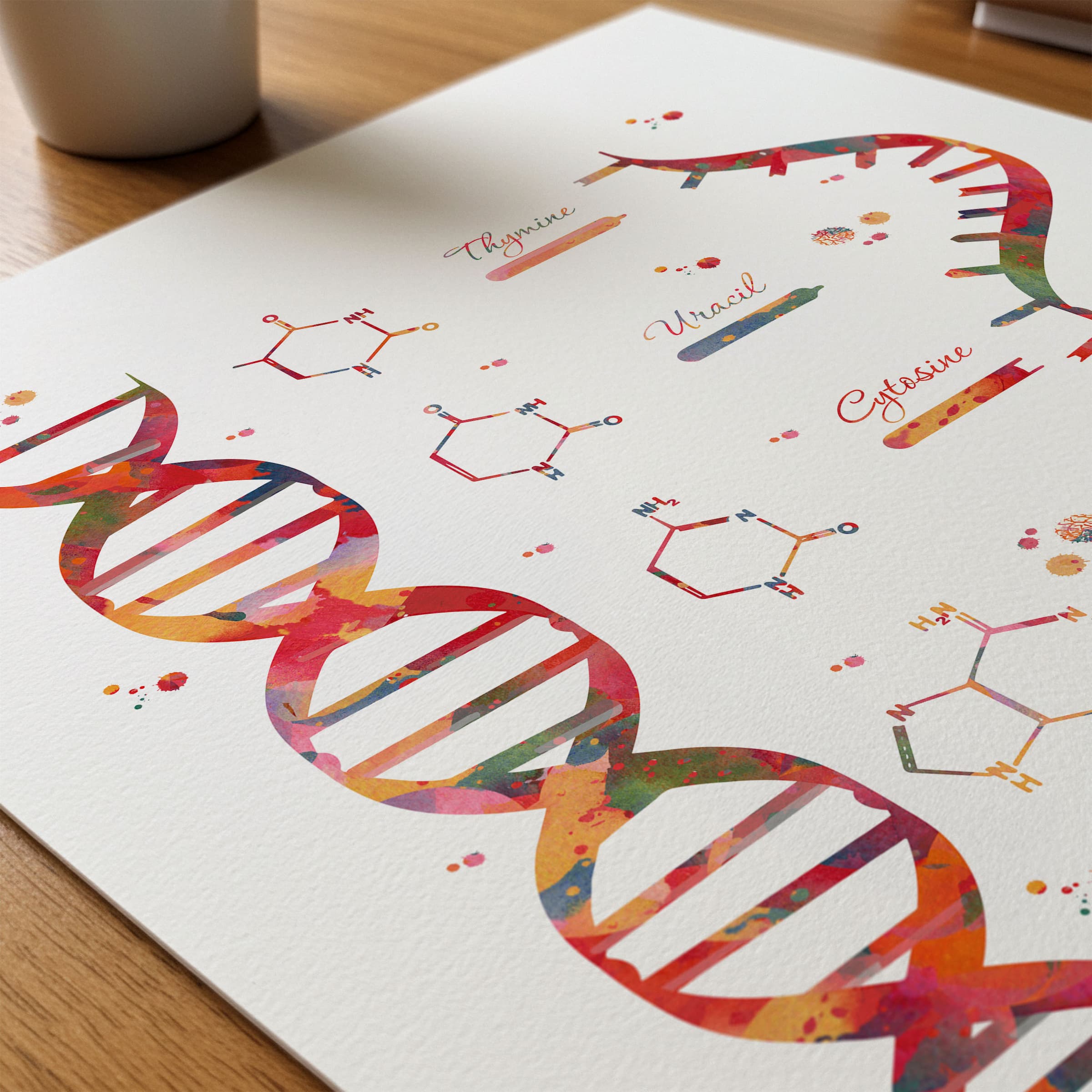 Close-up of dna and rna structure genetics watercolor print showing paper texture and grain