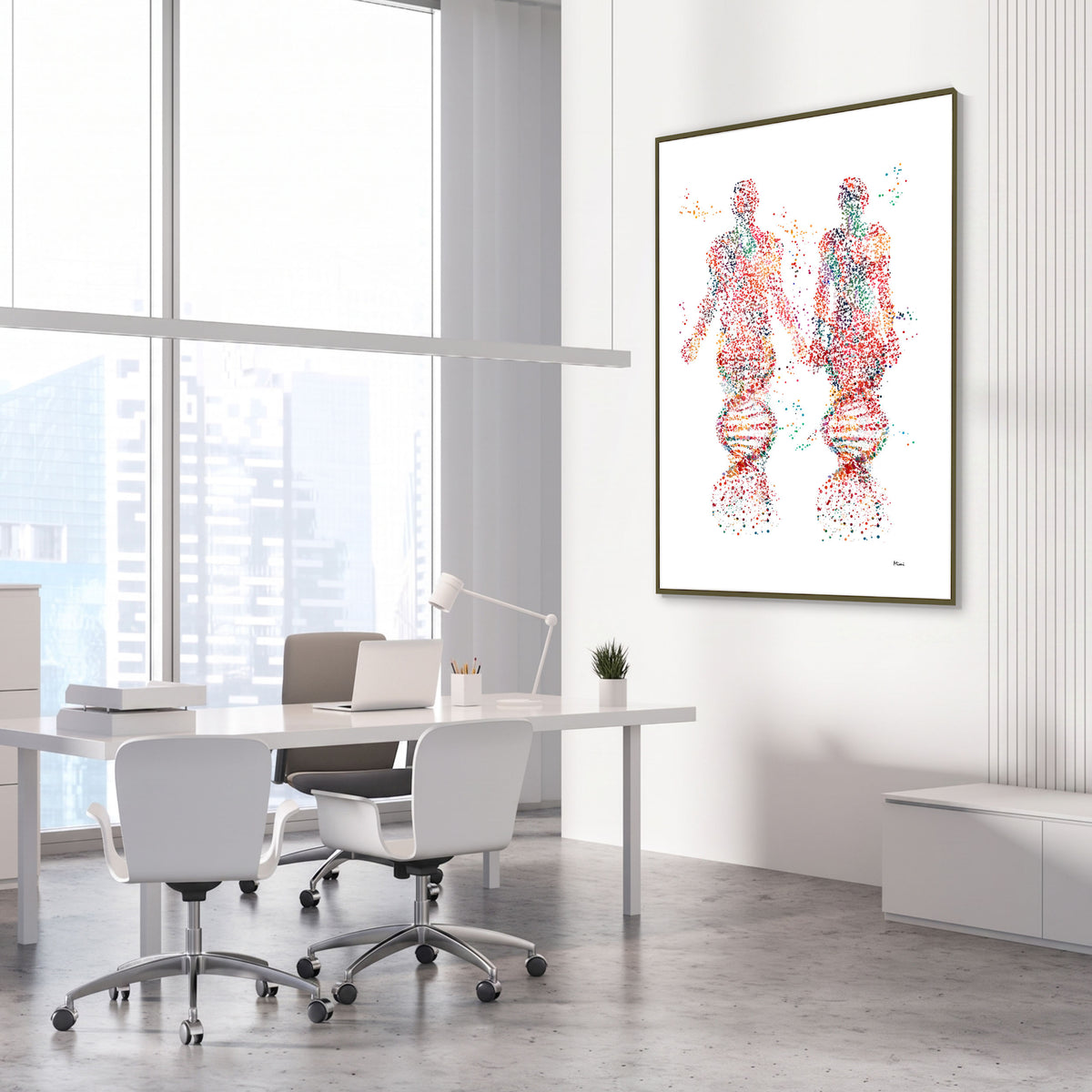 dna bodies watercolor print hanging in a genetics laboratory