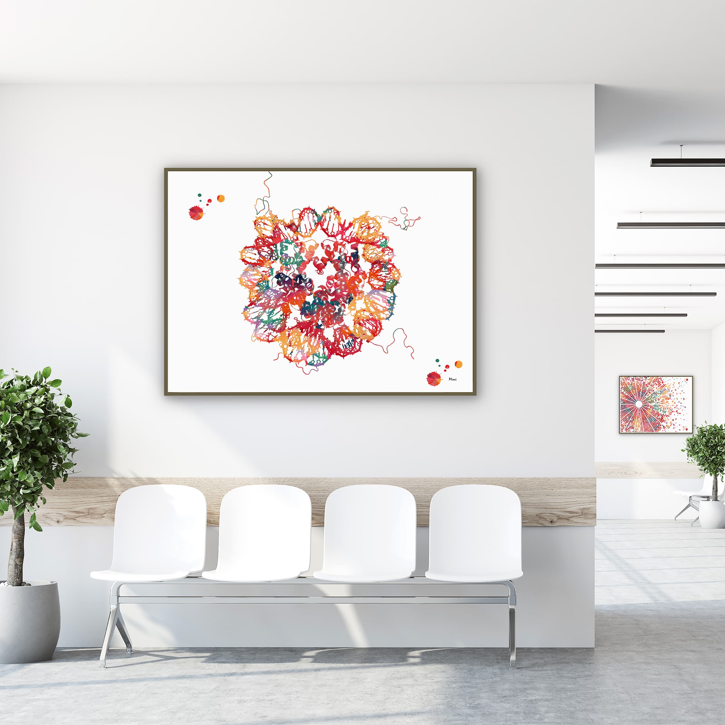 Framed dna nucleosome crystal structure watercolor print in a clinic waiting room