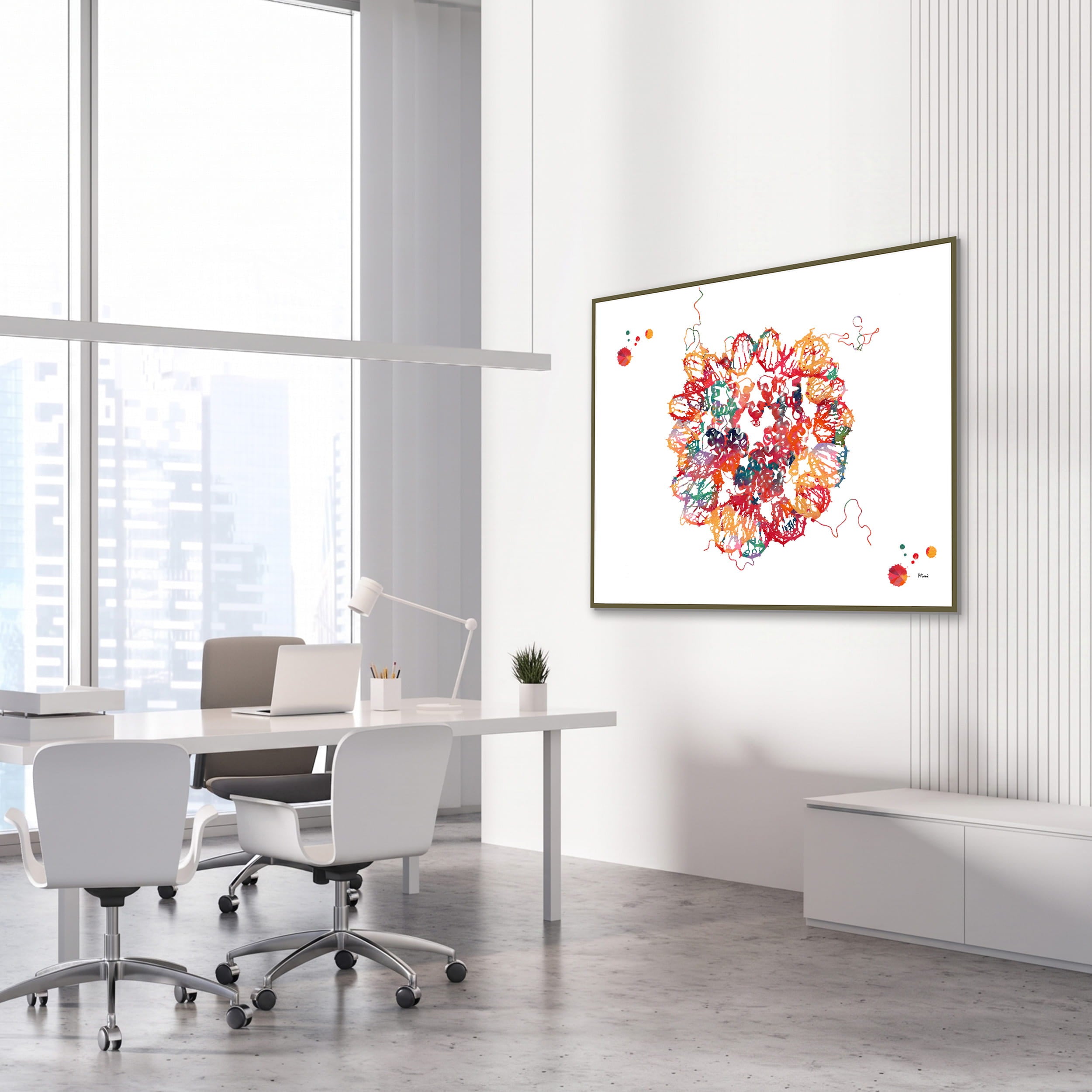 Framed dna nucleosome crystal structure watercolor print in a genetics laboratory
