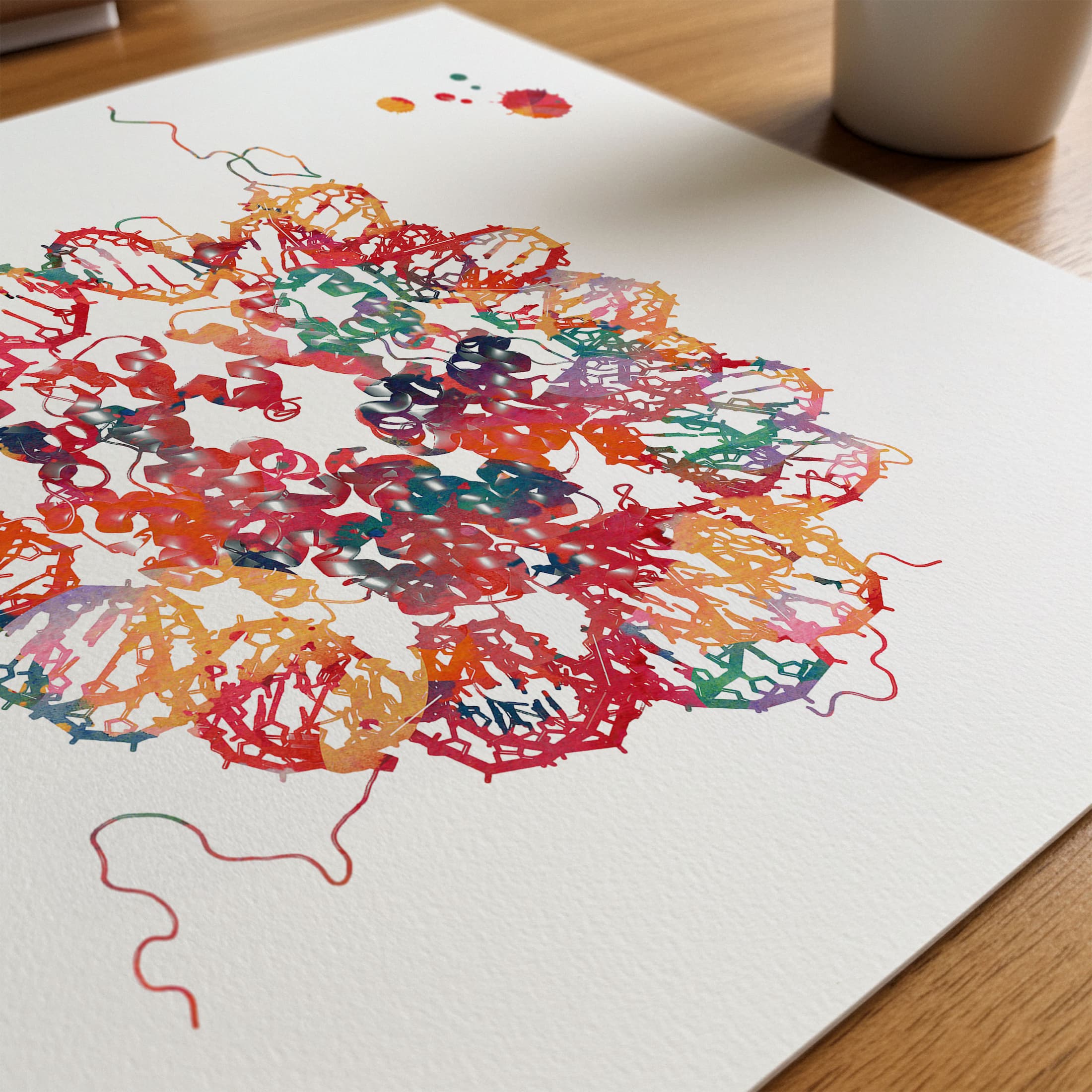 Close-up of dna nucleosome crystal structure watercolor print showing paper texture and grain