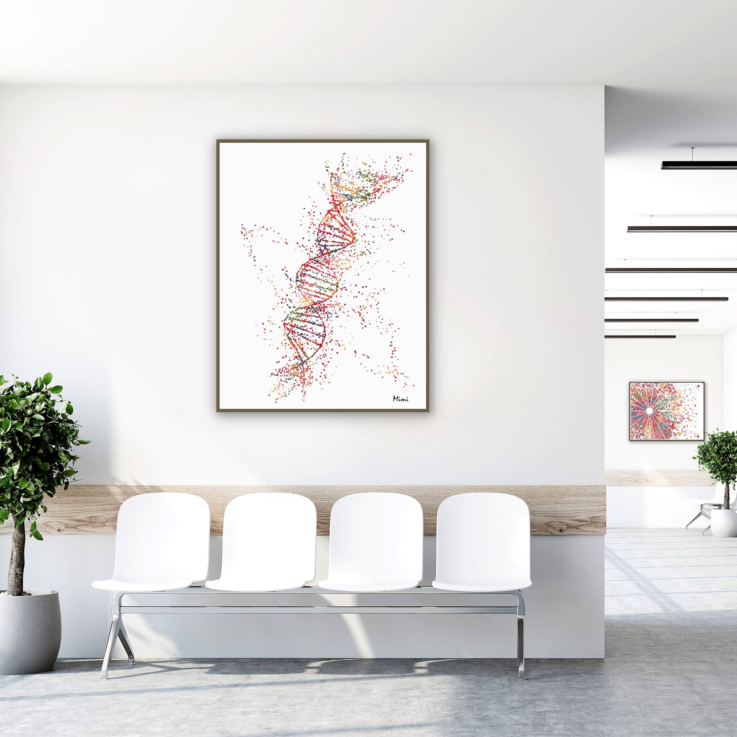 Framed dna single helix genetics watercolor print in a clinic waiting room