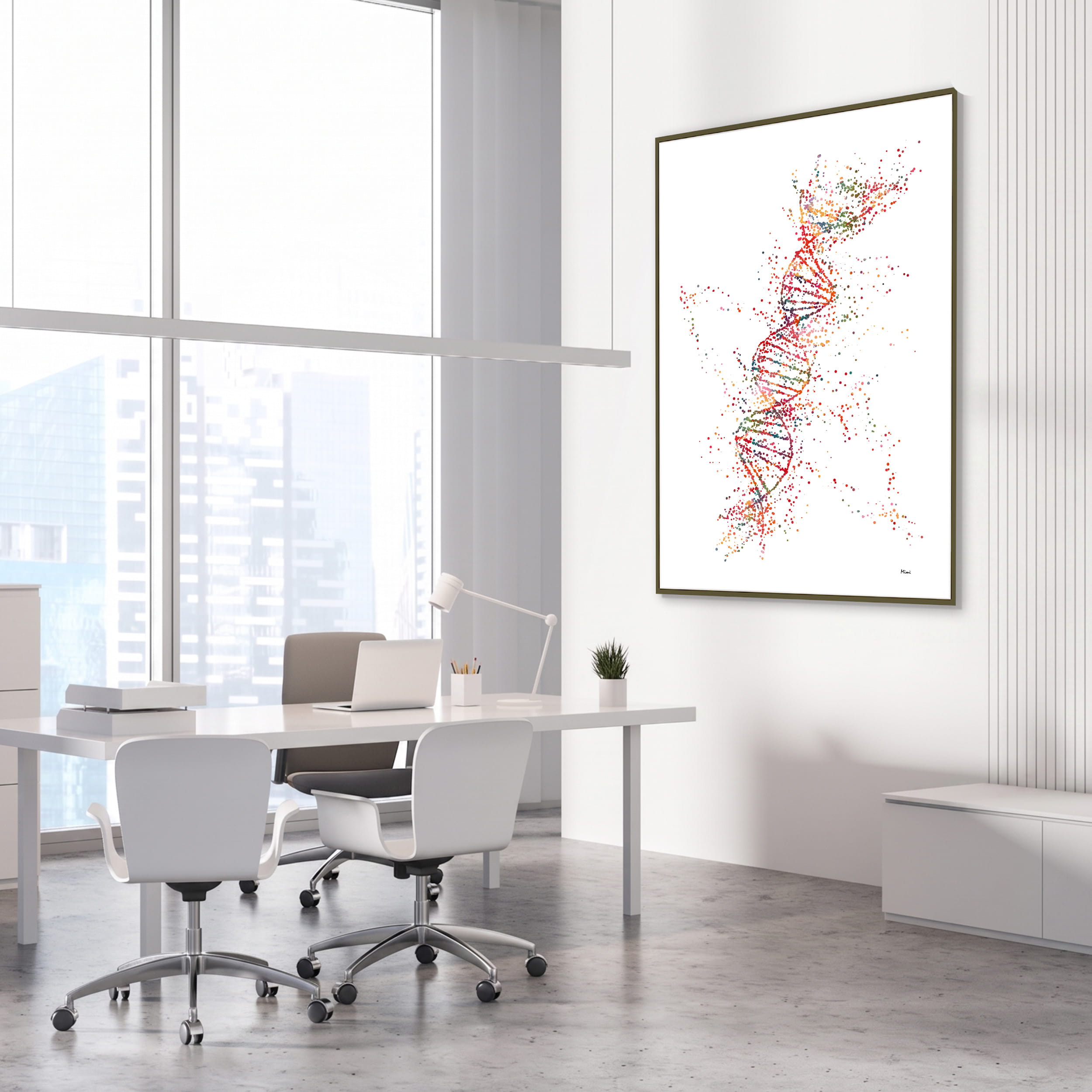 Framed dna single helix genetics watercolor print in a genetics laboratory