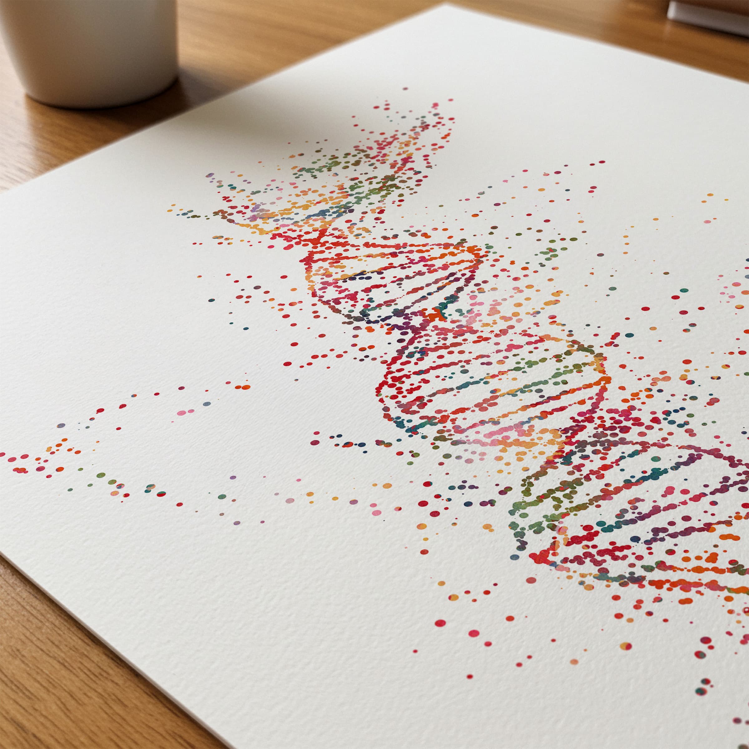 Close-up of dna single helix genetics watercolor print showing paper texture and grain