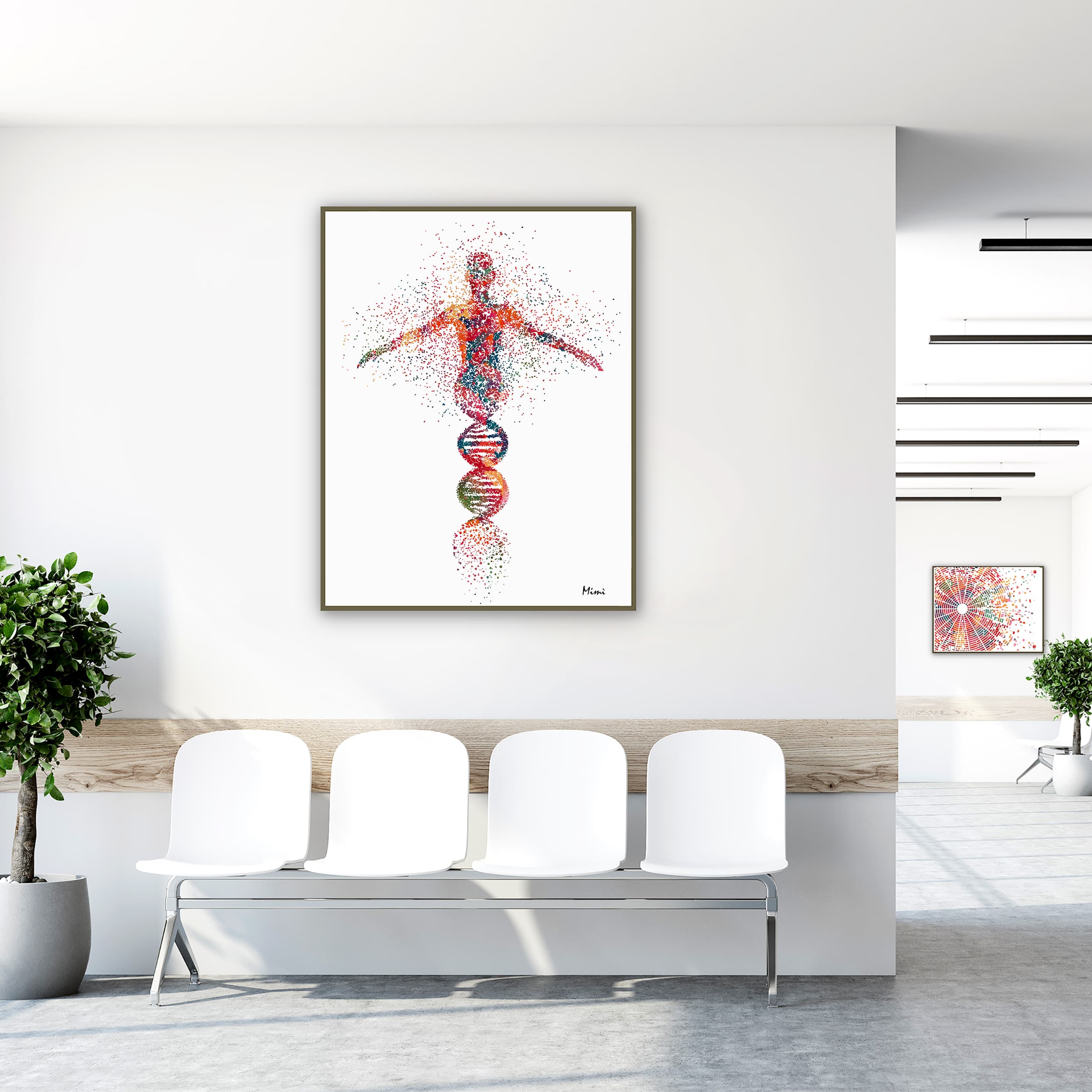 Framed dna woman abstract genetics watercolor print in a clinic waiting room