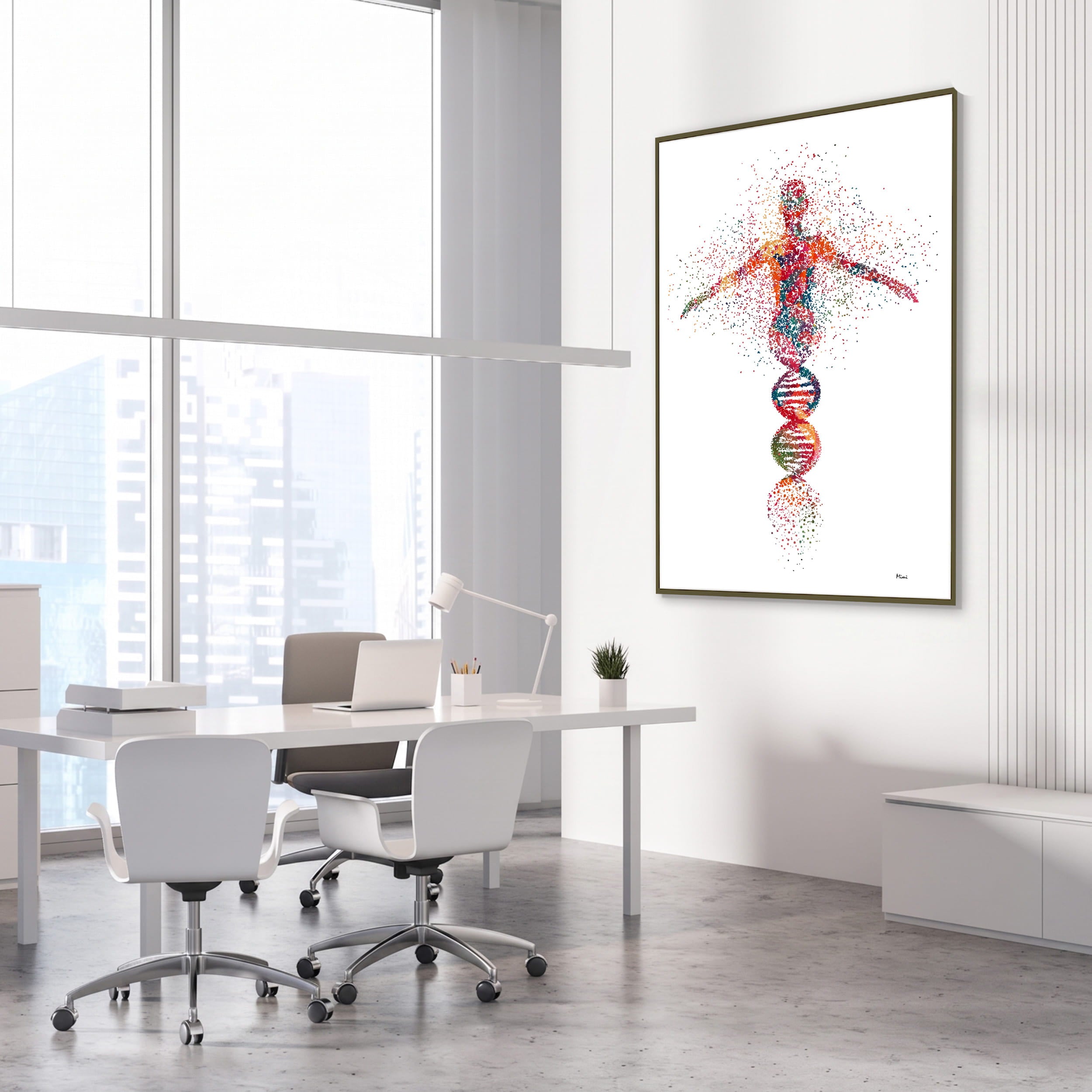 Framed dna woman abstract genetics watercolor print in a genetics laboratory