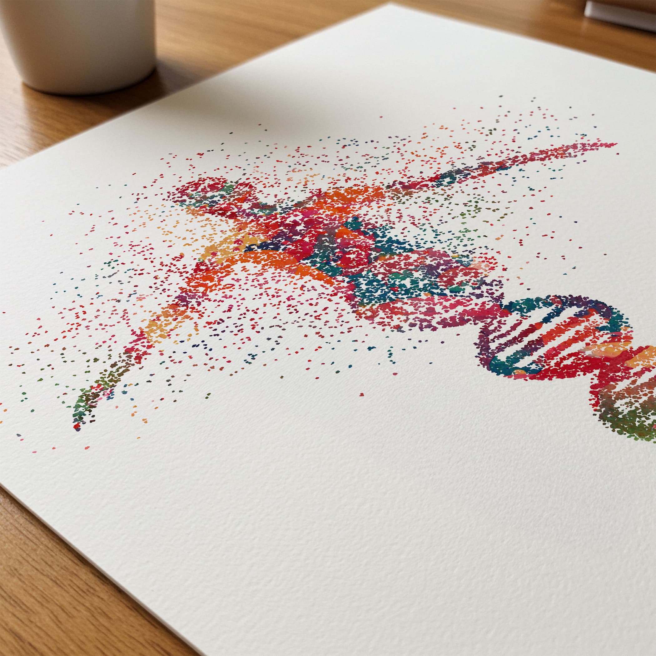 Close-up of dna woman abstract genetics watercolor print showing paper texture and grain