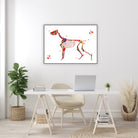 Framed dog skeleton watercolor print in a veterinary office