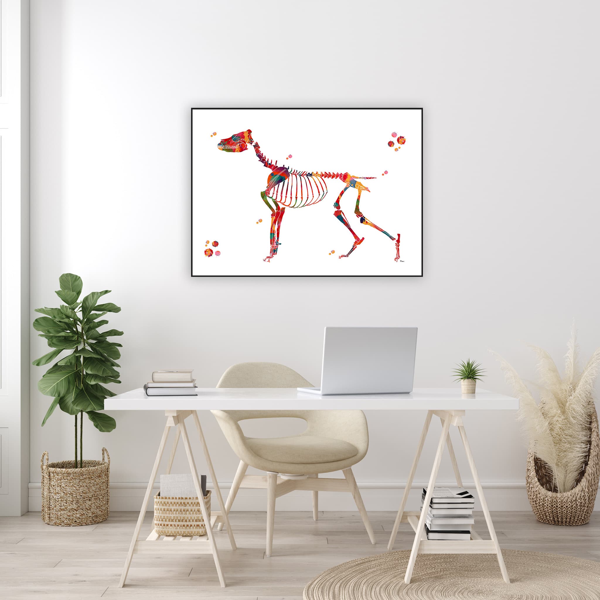 Framed dog skeleton watercolor print in a veterinary office