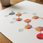 Close-up of dopamine molecular structure watercolor print showing paper texture and grain
