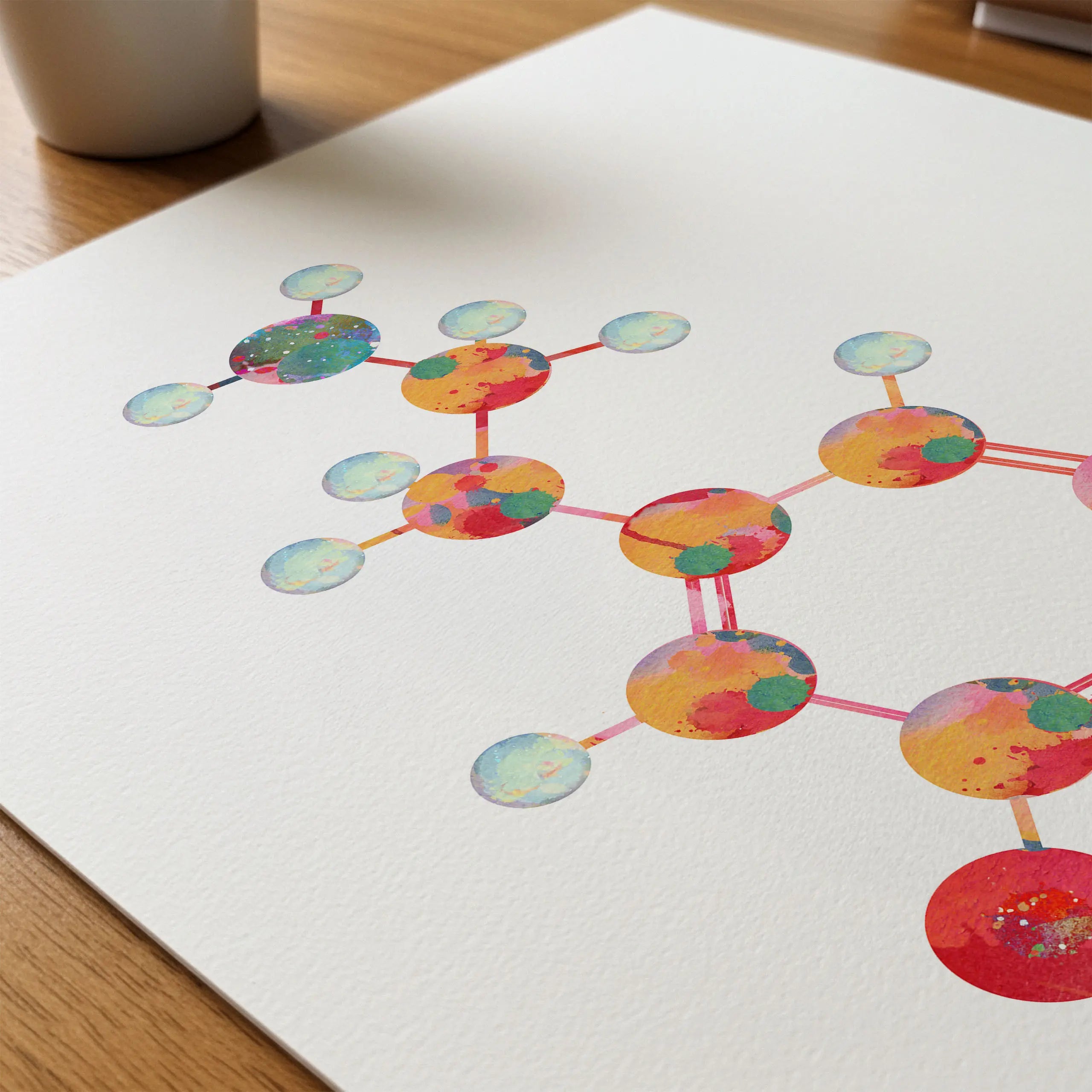Close-up of dopamine molecular structure watercolor print showing paper texture and grain