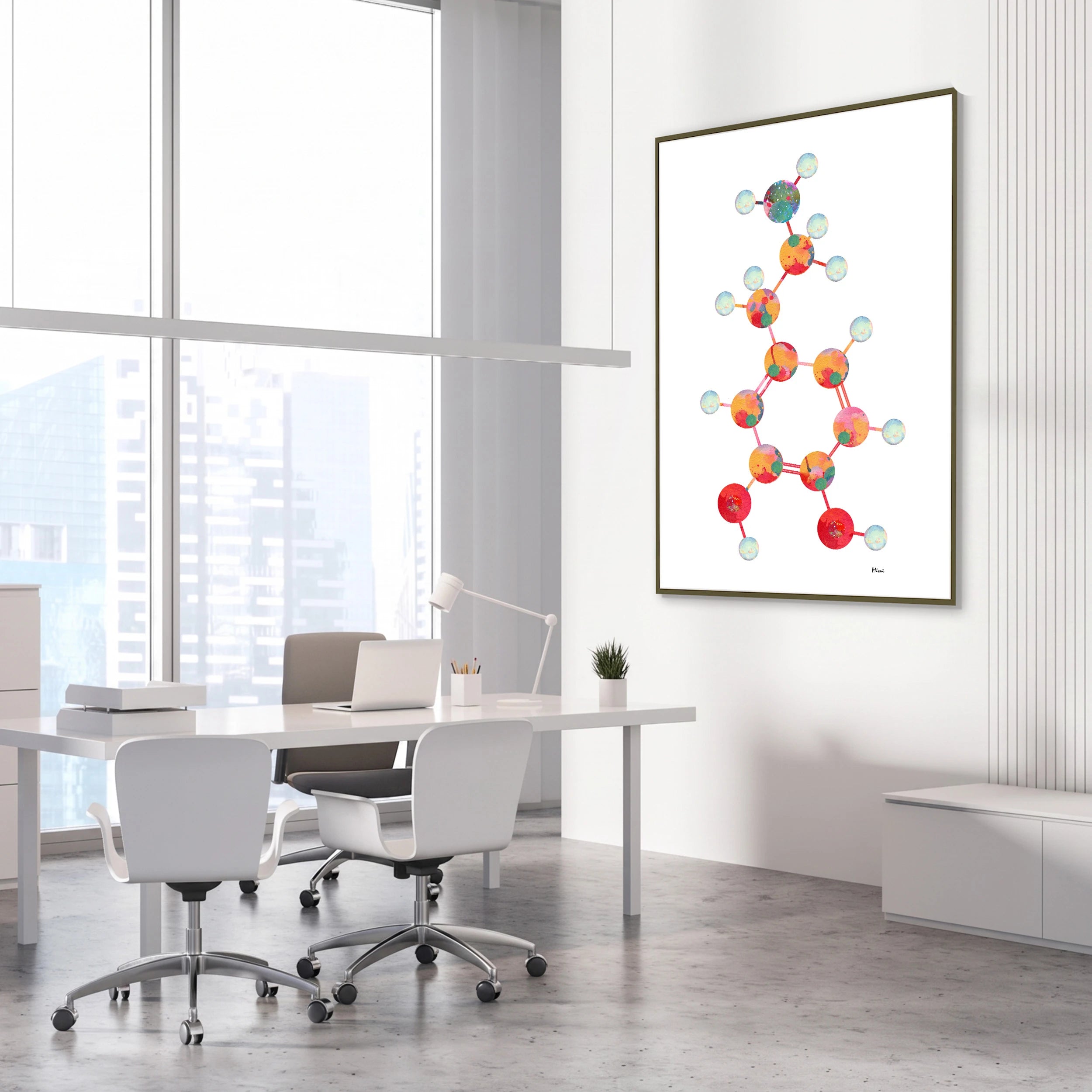 Framed dopamine molecular structure watercolor print in a science laboratory office