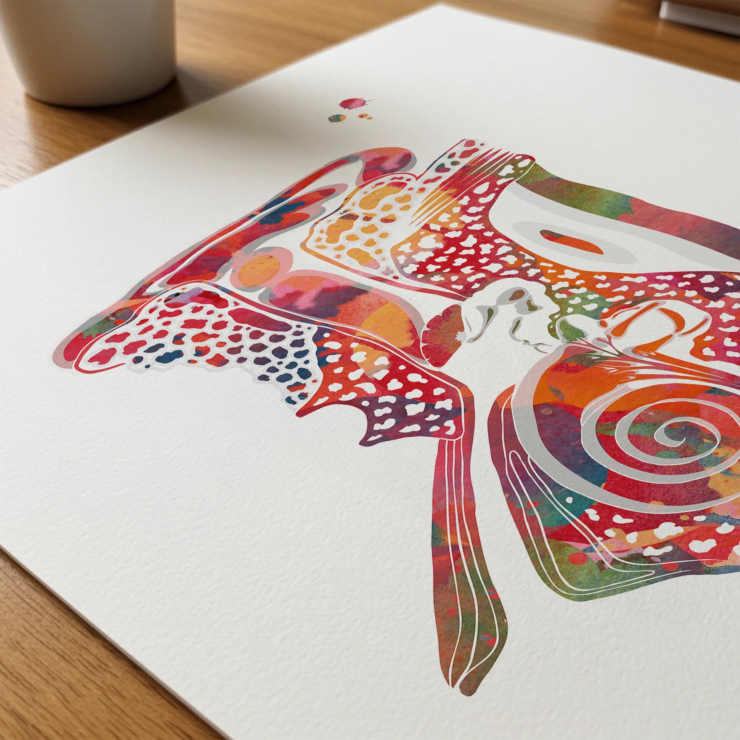 Close-up of ear cross-section watercolor print showing paper texture and grain